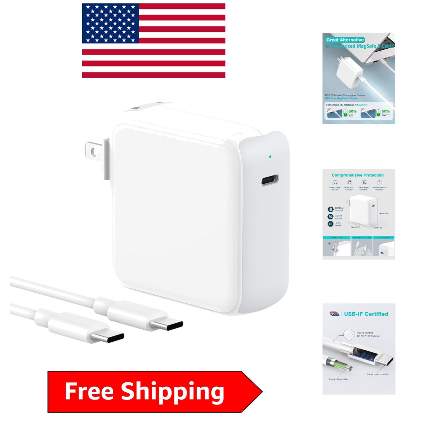 Fast Charging 70W USB-C Adapter for All MacBooks - Slim, Travel-Friendly Design