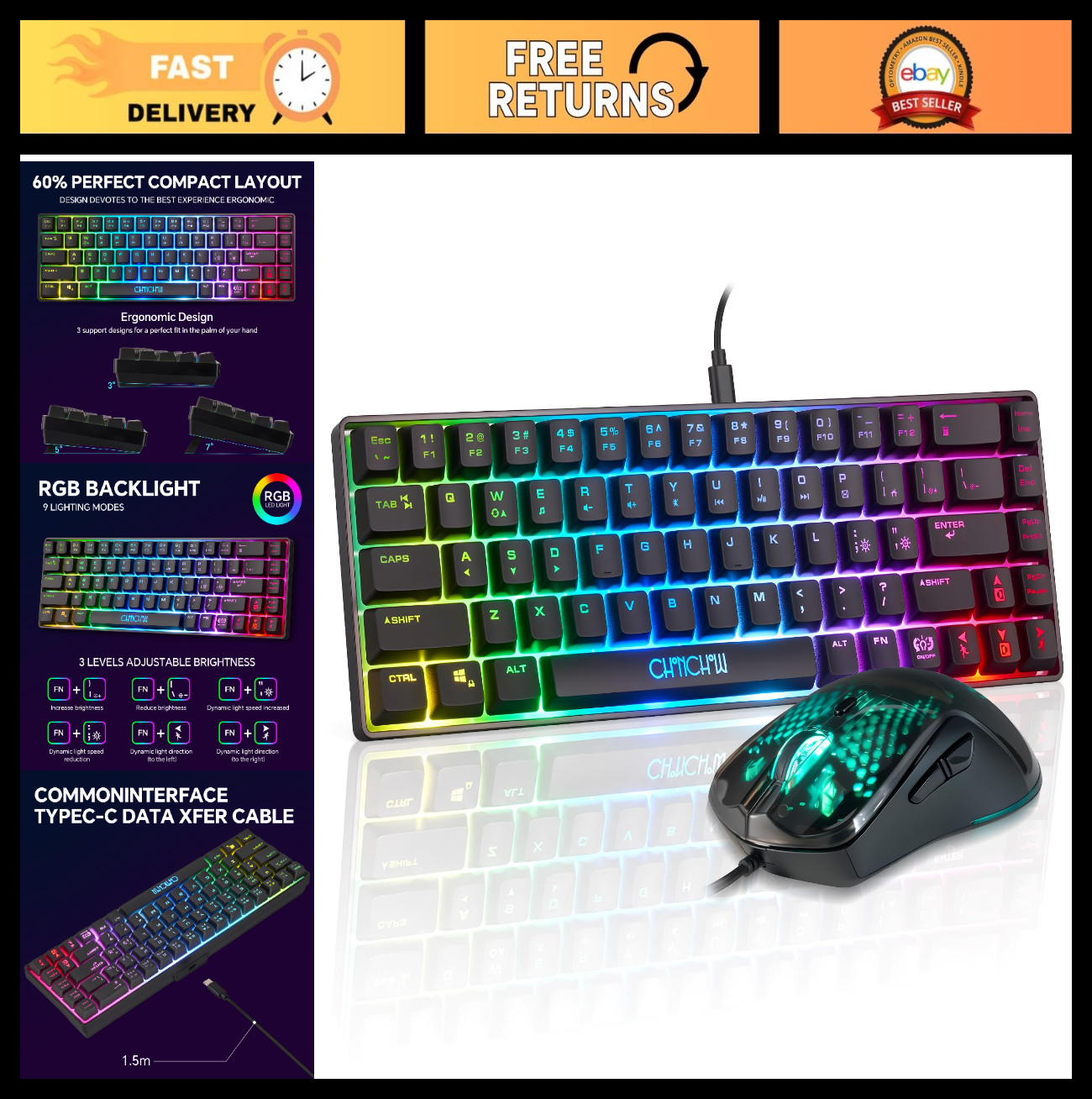 60% Gaming Keyboard & Mouse Combo, 68 Keys Wired, RGB Backlit LED, Mechanical