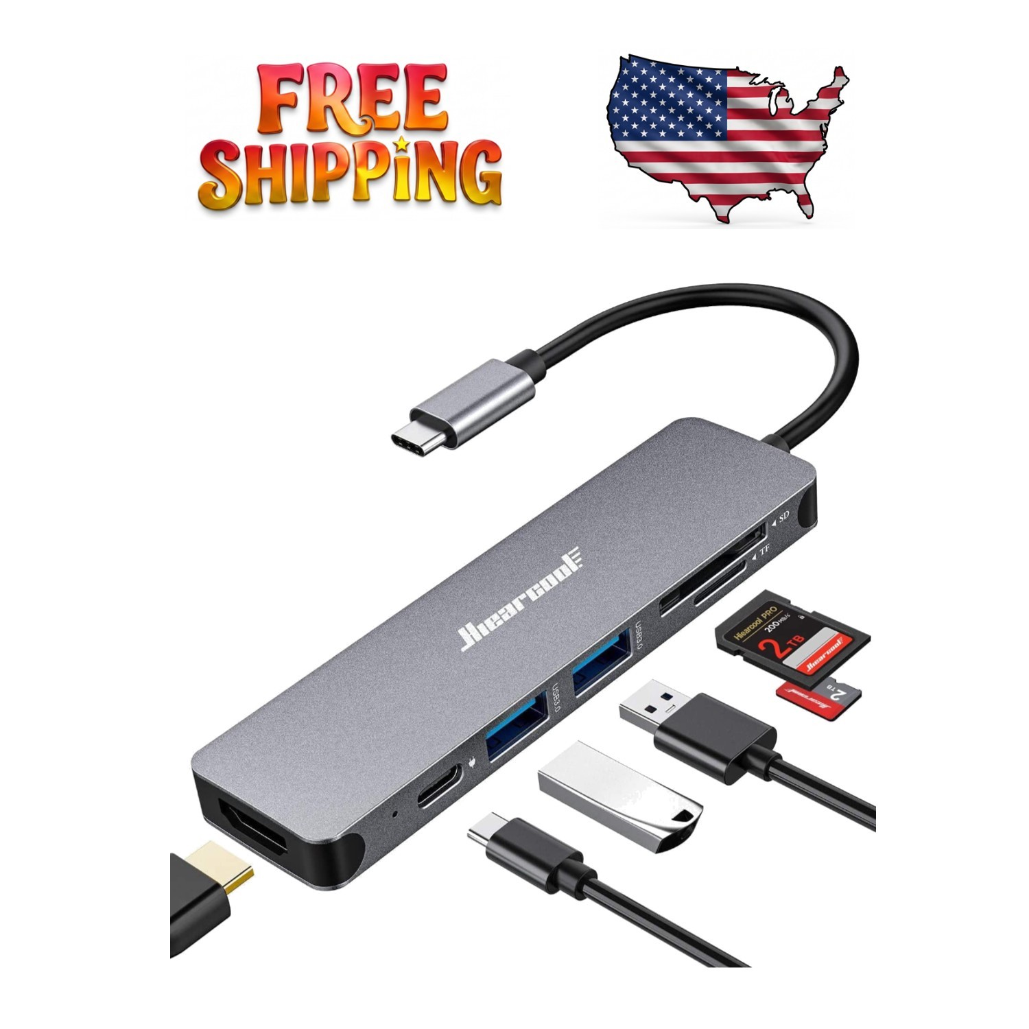 Compact 7-in-1 USB C Hub with 5Gbps Data Transfer and 100W Power Delivery