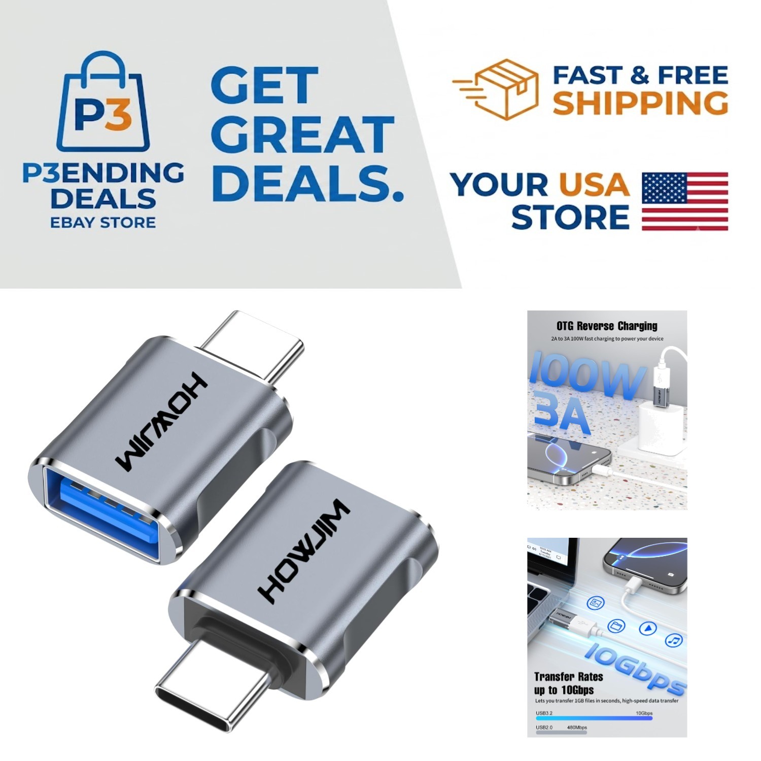 Portable USB C to USB Adapter - Fast Charging & Data Transfer, 2 Pack in Gray