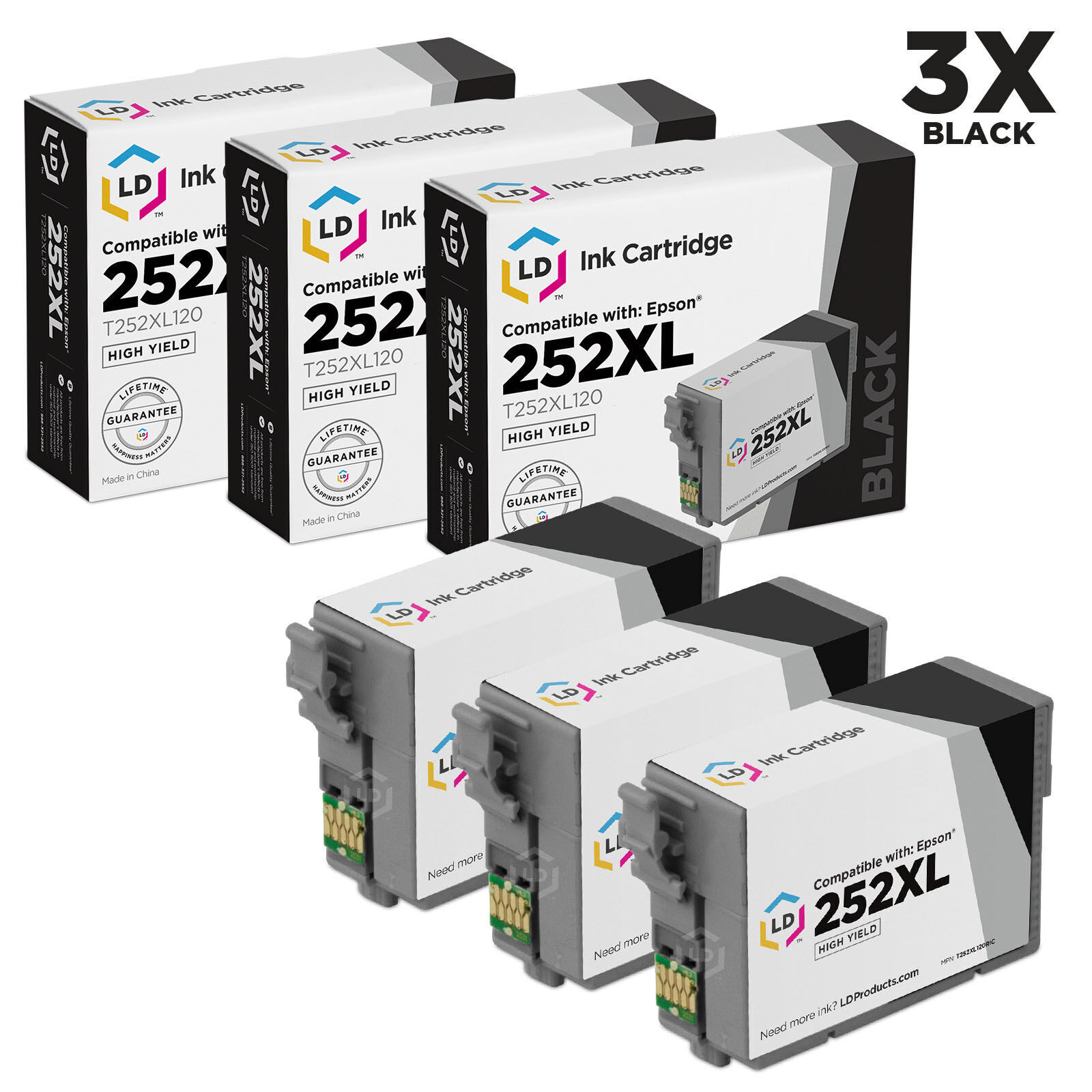 LD 3Pk Reman Cartridges for Epson Ink 252 XL WorkForce WF-3620 WF-3640 Black