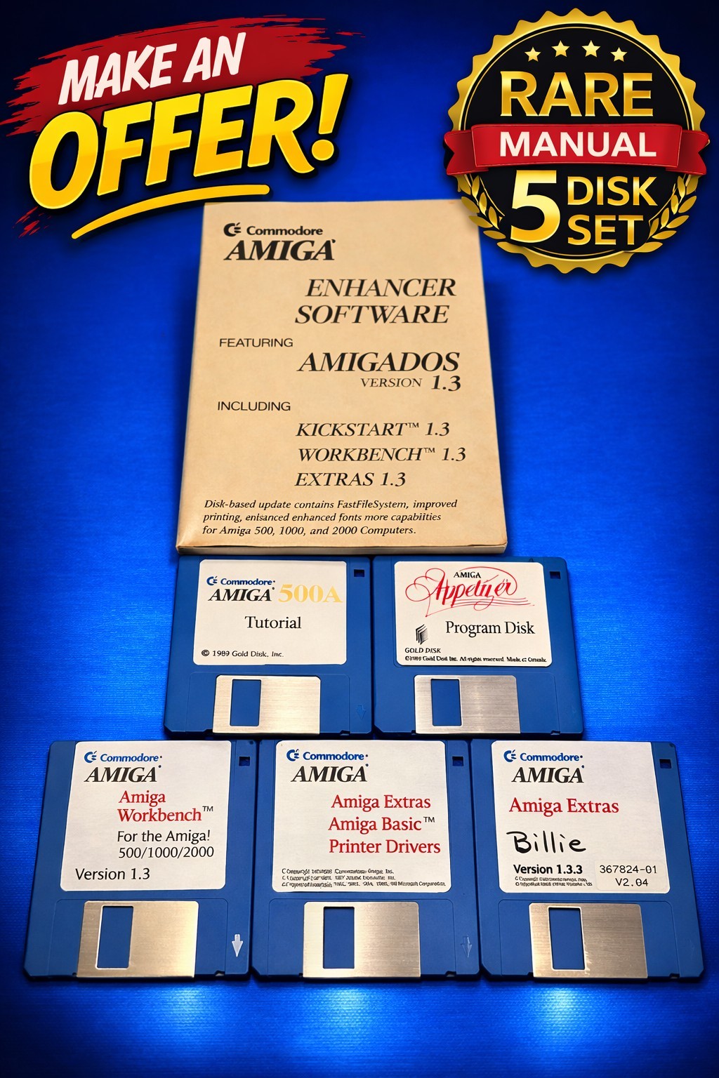 Commodore Amiga Enhancer Software AmigaDOS 1.3 Disk Set w/ Manual 5 Disks