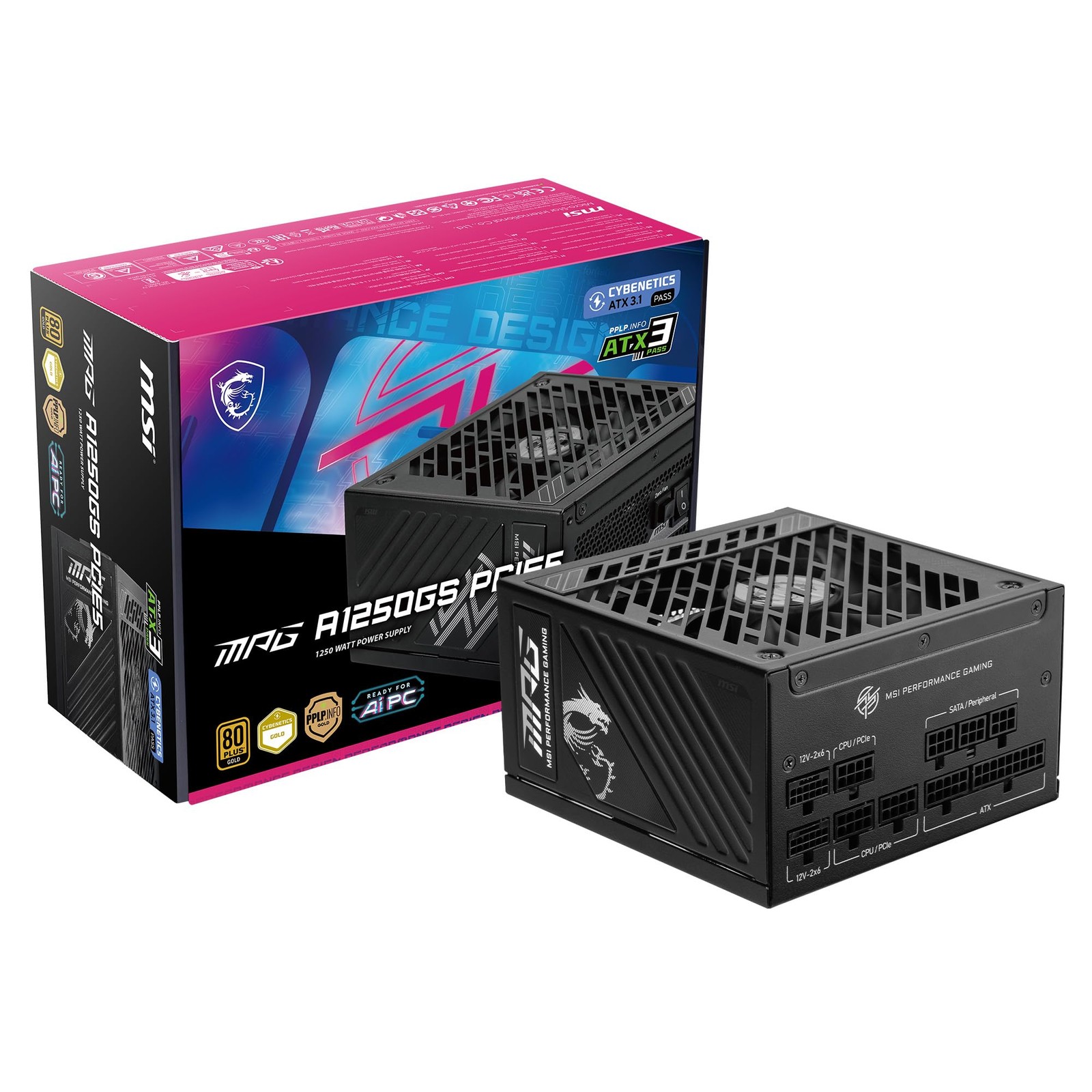 MSI MPG A1250GS PCIE5, Fully Modular Gaming 1250W Power Supply, 1250W, Black