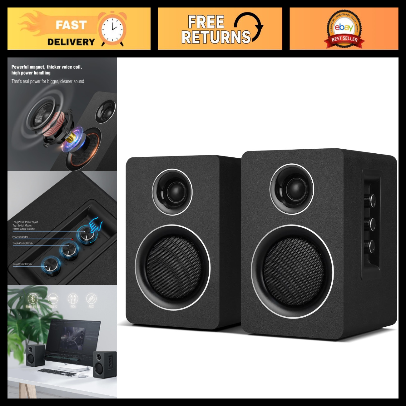 Bluetooth Computer Speakers, USB-C & AUX/RCA, 3-Inch Woofer, Wireless Sound