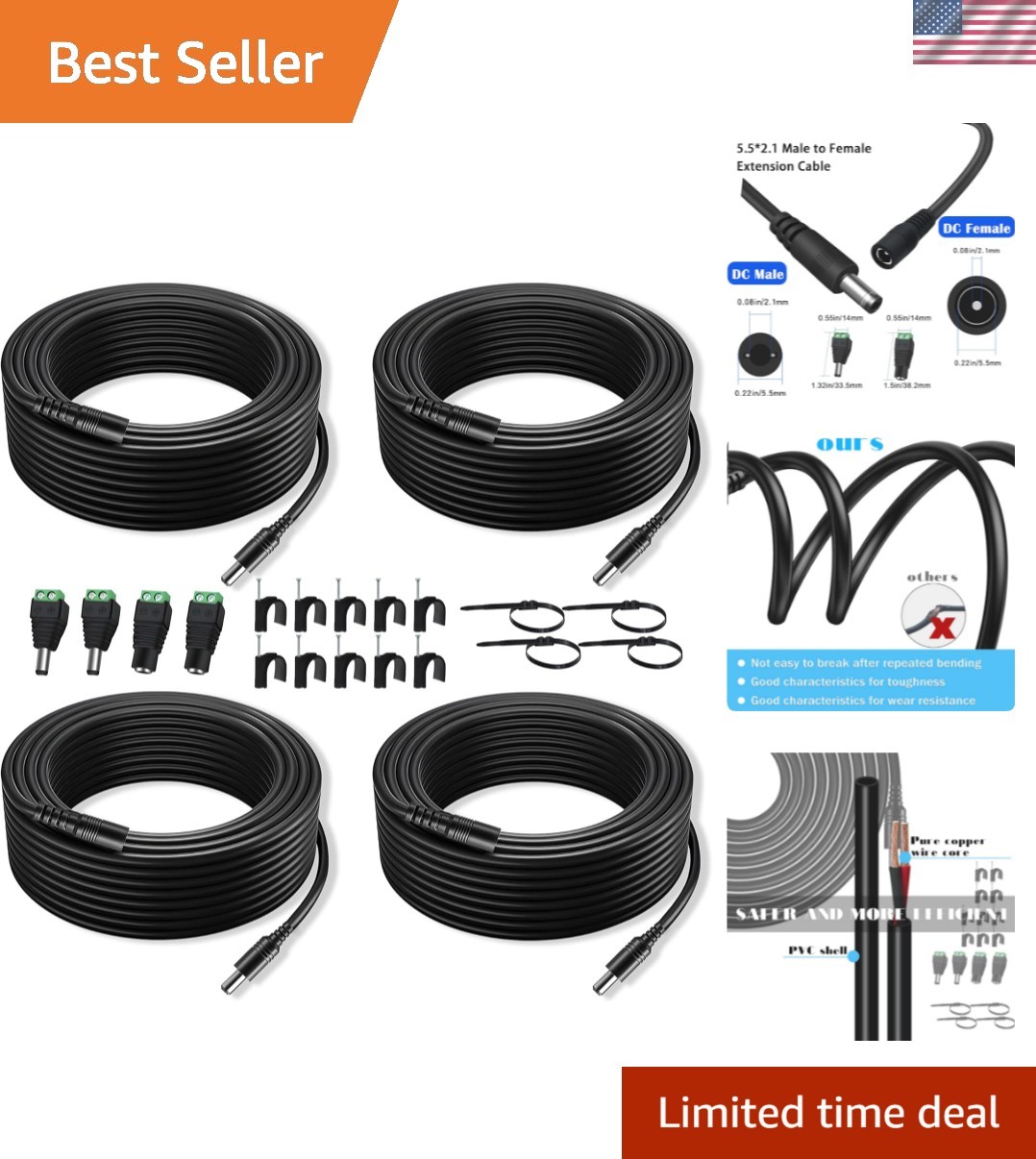 Durable 33FT DC Power Extension Cables - 4-Pack with Secure Connectors & Clips