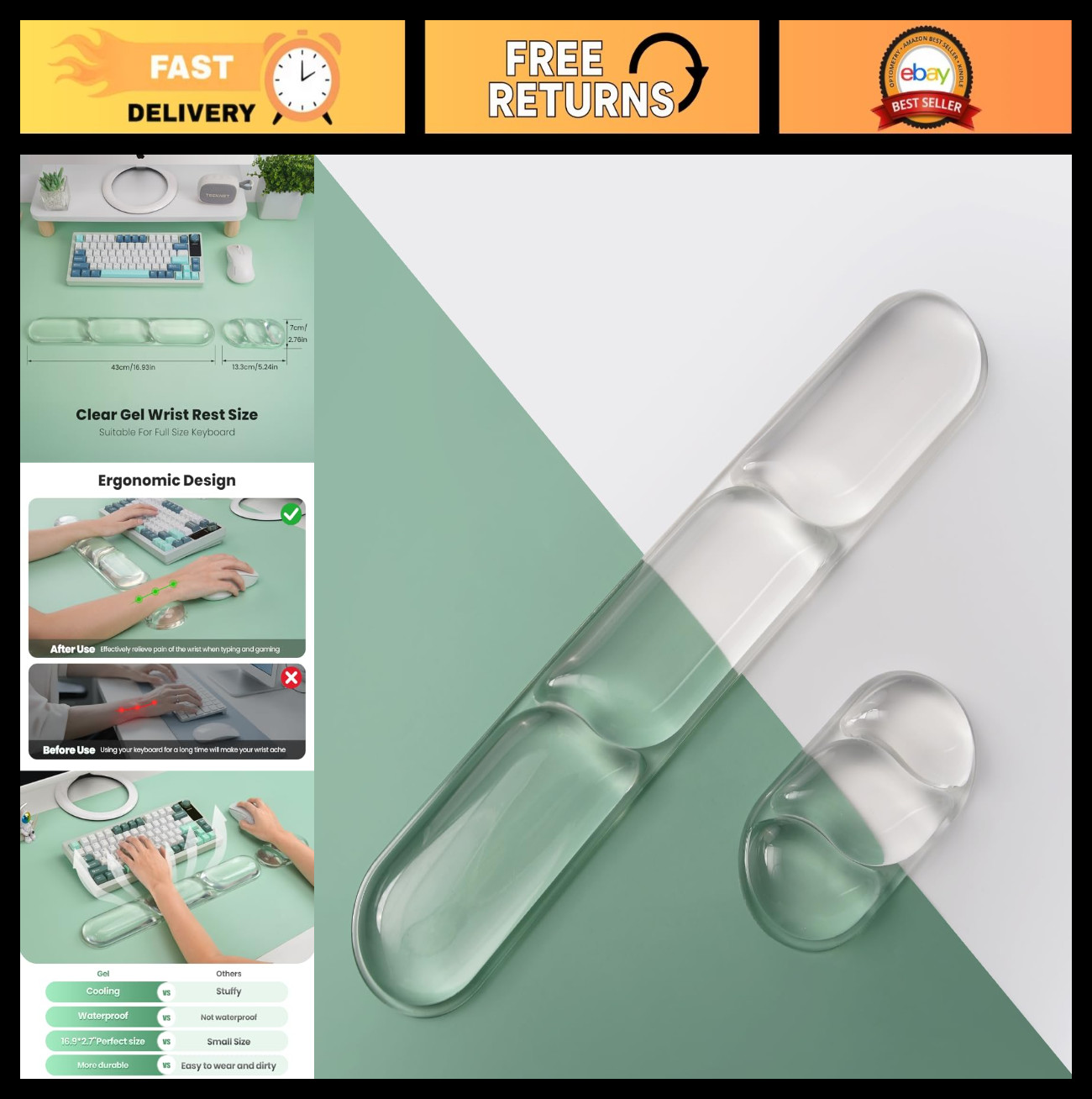 Ergonomic Clear Gel Wrist Rest for Keyboard - Comfortable Silicone Support Pad f