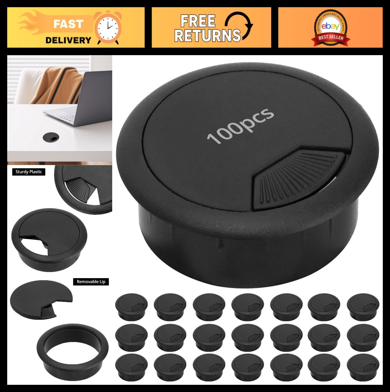 100 Pack Cable Grommets 2 Inch Plastic Desk Hole Covers, Snap-in Wire Organizers