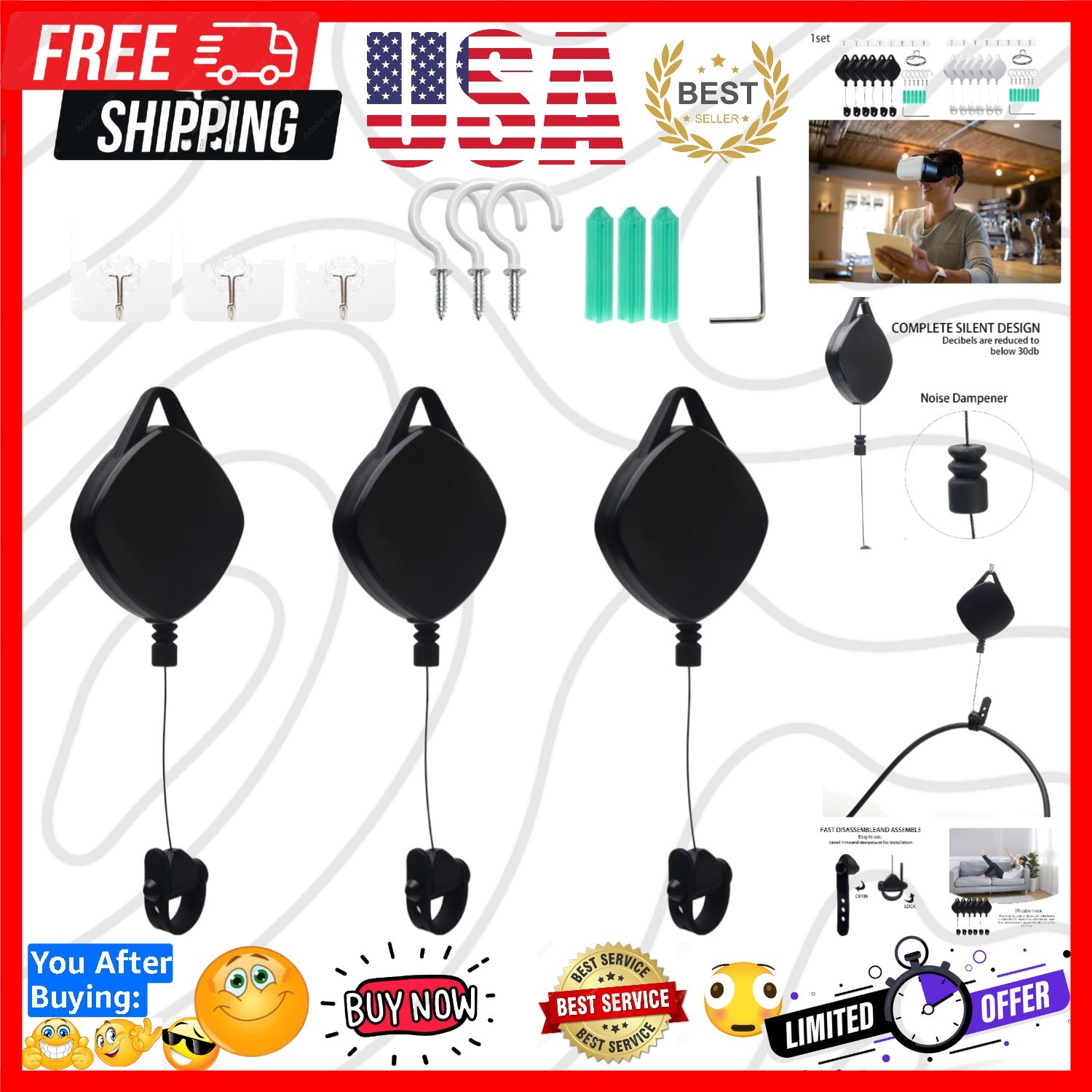 VR Cable Management 3Packs Retractable Ceiling Pulley System Compatible with ...