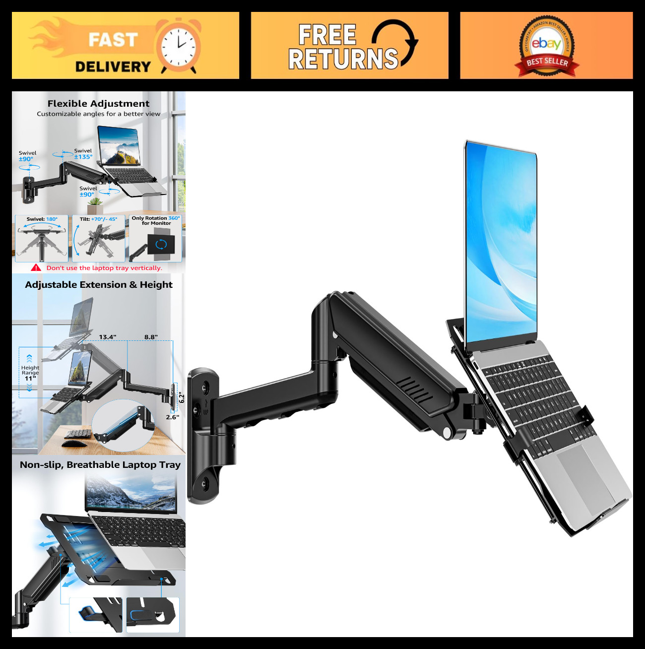 Adjustable Laptop Wall Mount for 17" Notebook & 32" Monitor, 2-in-1 Holder, Max