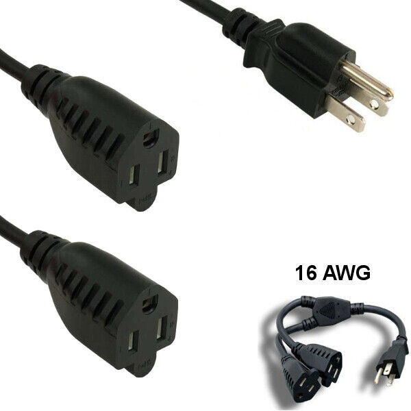 [10X] 6' Black Power Splitter Cable NEMA 5-15P to 2x NEMA 5-15R 16AWG 13A/250V