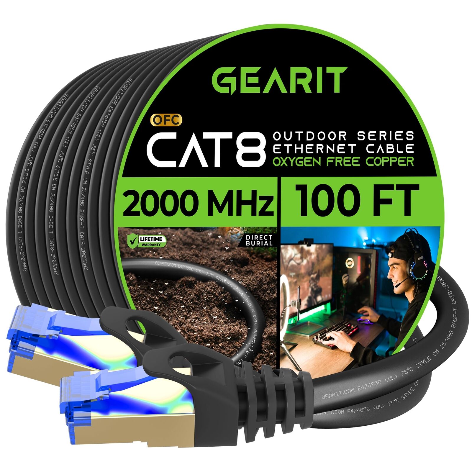 Cat8 Outdoor Ethernet Cable 100 Feet Waterproof Direct Burial Inground Lldpe U