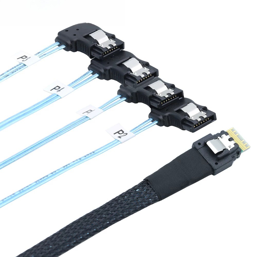 PCIe Slimline SAS 4.0 38Pin SFF-8654 4i to 4X SATA 7Pin Right Angle Cable