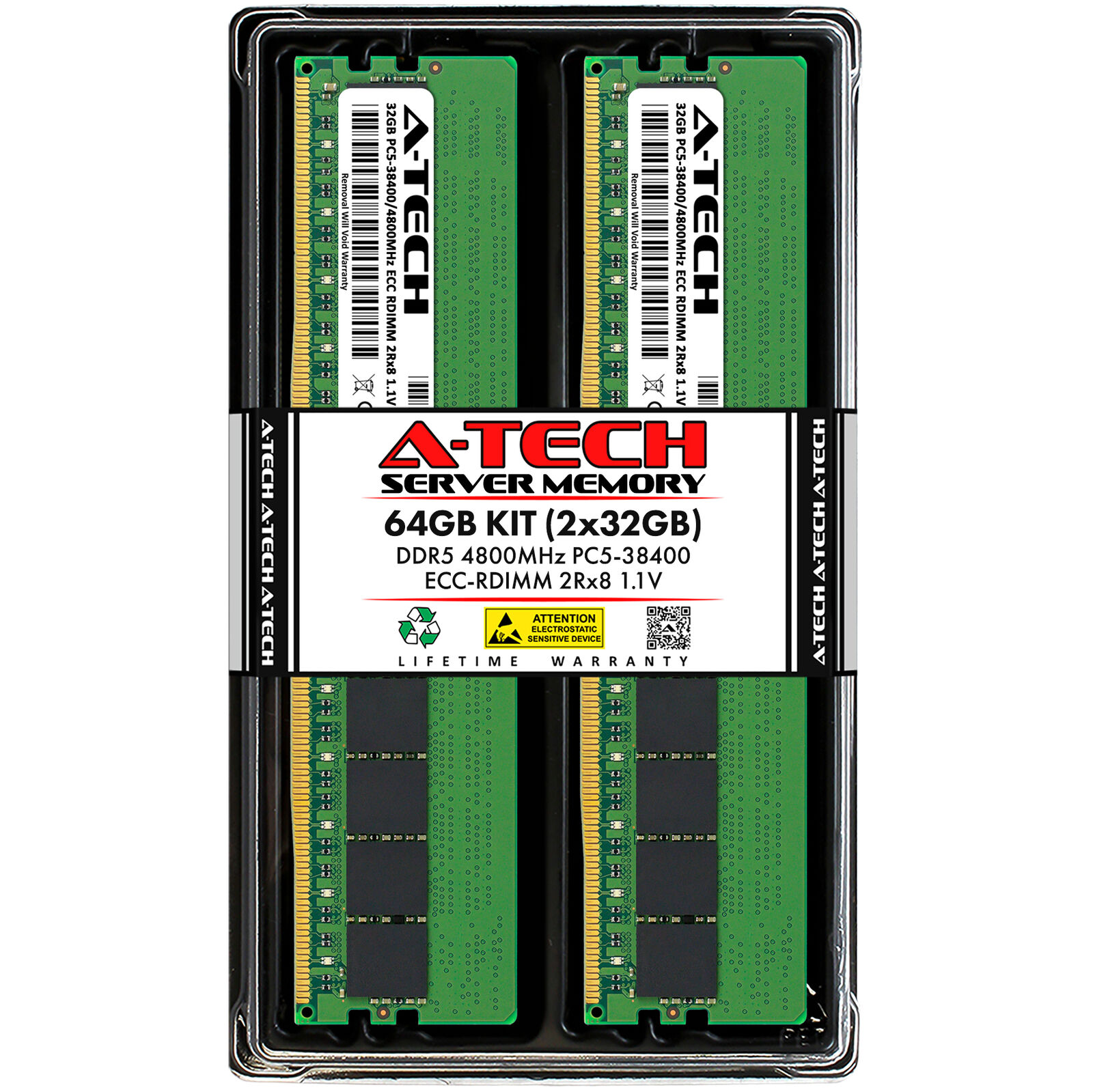 A-Tech 64GB 2x 32GB 2Rx8 PC5-38400R DDR5 4800MHz EC8 REG RDIMM Server Memory RAM