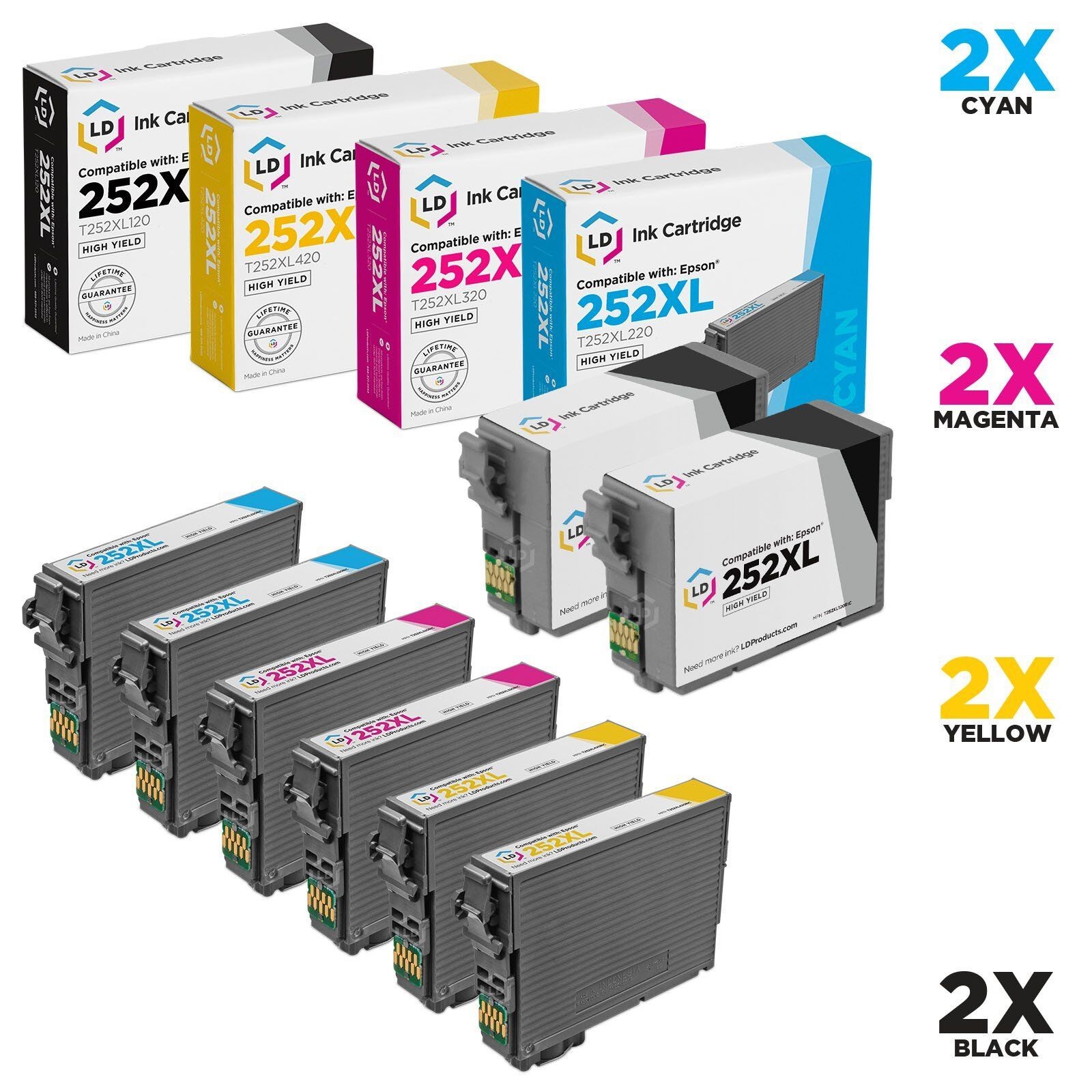 LD 8Pk Reman Cartridges for Epson Ink 252 XL WorkForce WF-3620 WF-3640 WF-7110