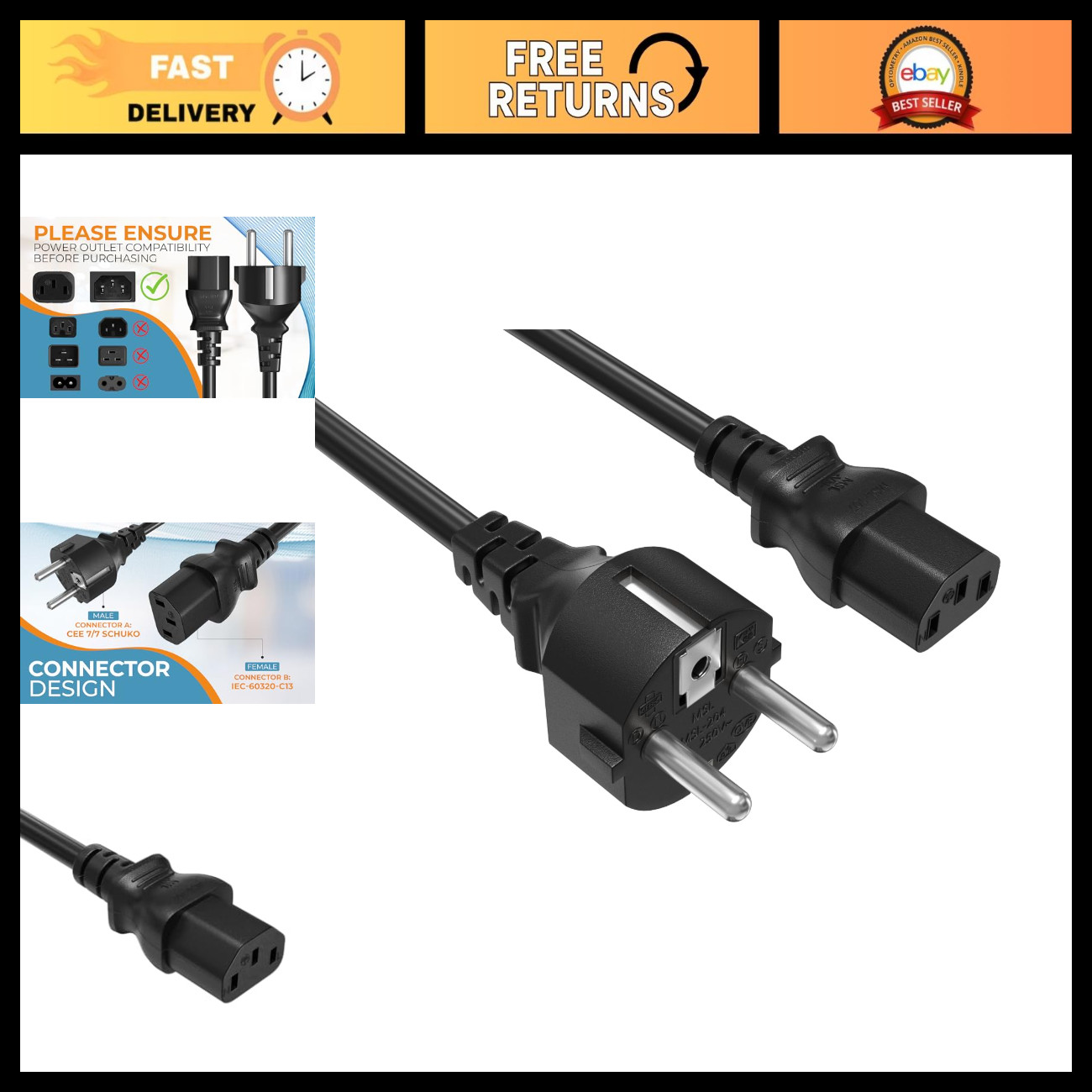 6ft 18AWG European Schuko Power Cord CEE 7/7 to IEC320 C13, 10A/250V, Travel Plu