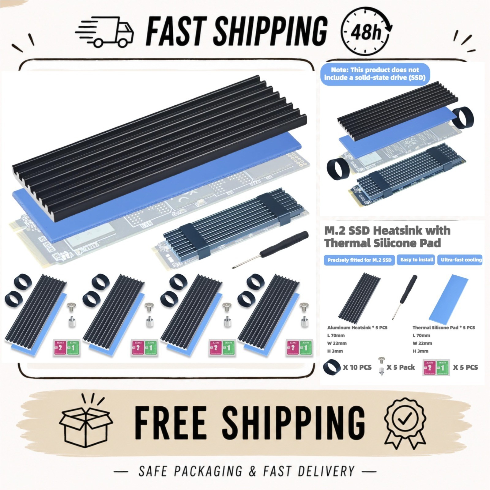 5 Pack SSD Heat Sink Cooler for 2280 SSD, NVMe Heatsink with Thermal Pads