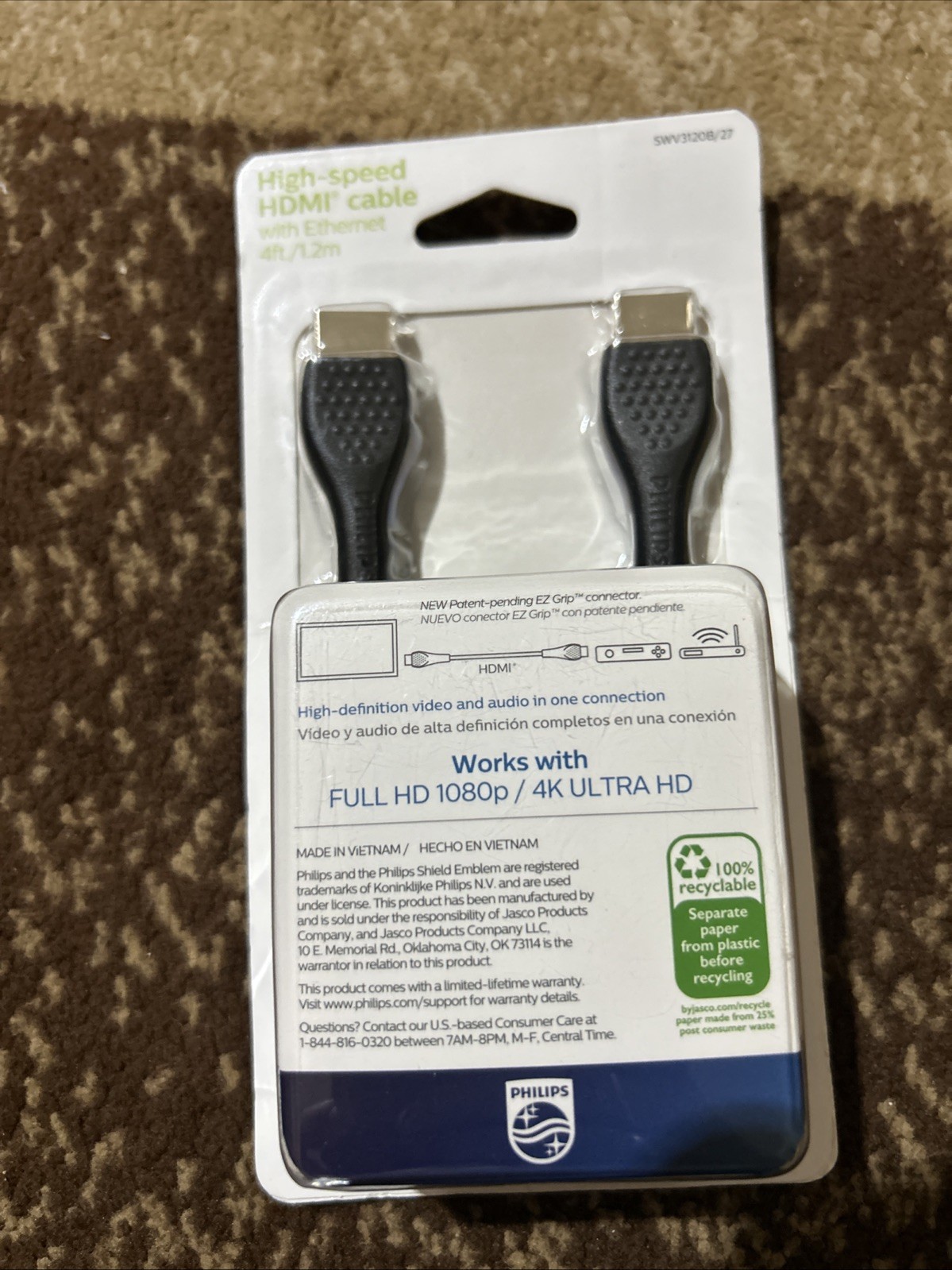 PHILIPS HIGH-SPEED 4-FOOT HDMI CABLE/WITH ETHERNET/WORKS w-HD 1080P & 4K UHD/NEW