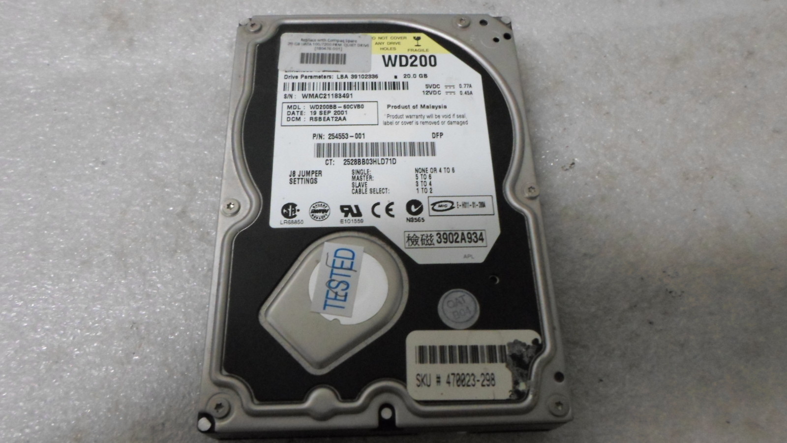 Western Digital WD200BB-60CVB0 Compaq 180476-001 254553-001 20GB 7200RPM IDE HD