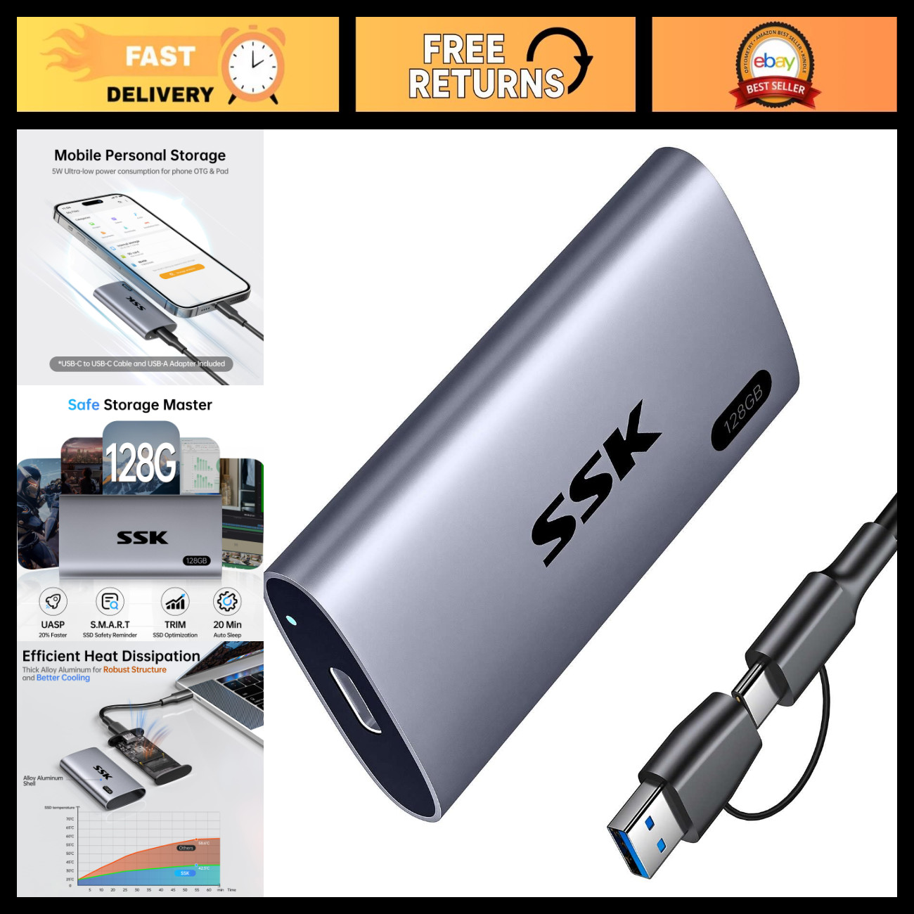 128GB Portable SSD External Hard Drive - High-Speed Solid State Drive 550MB/s
