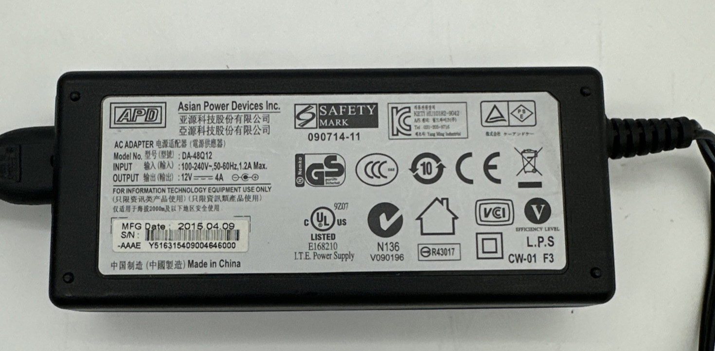 Genuine APD DA-48Q12 AC Adapter 12V 4A Power Supply Charger Open Box