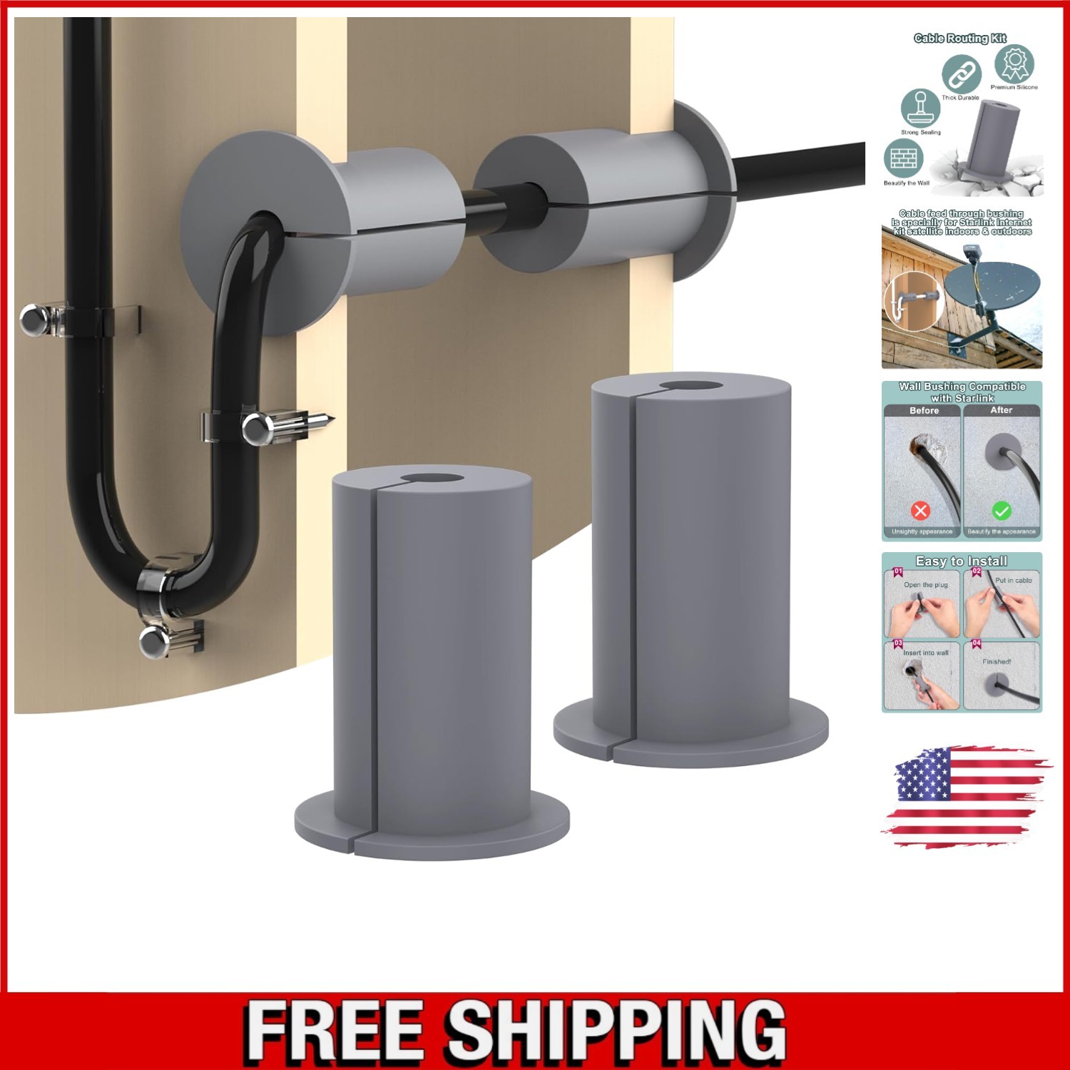 2PCS Gray Wall Grommets for Starlink Cable - Durable Cable Management Solution