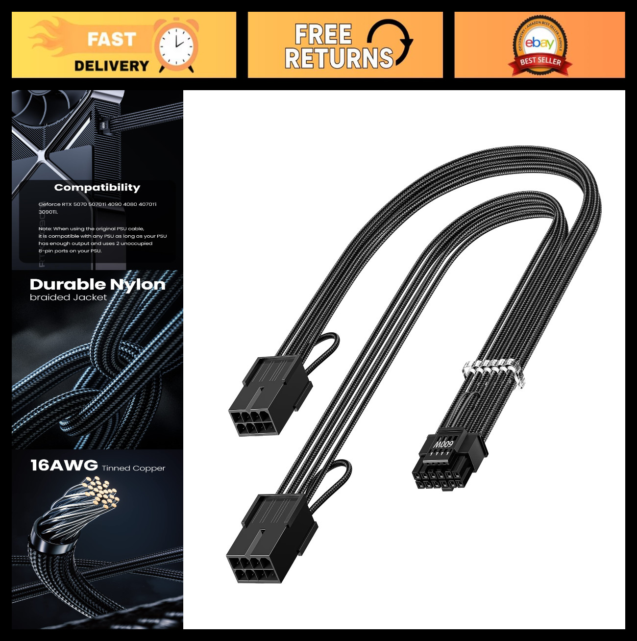 16 Pin GPU Cable Adapter Extension - High-Quality Black PCIe Power Connector