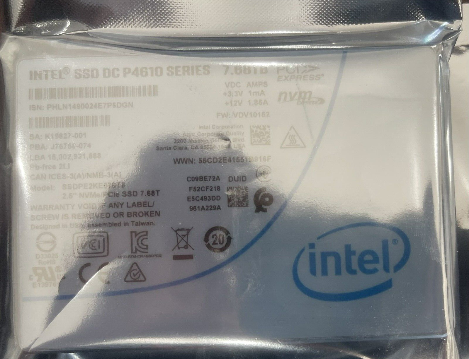 brand new Intel 7.68TB SSDPE2KE076T8 U.2 2.5in P4610 NVMe SSD Hard Drives
