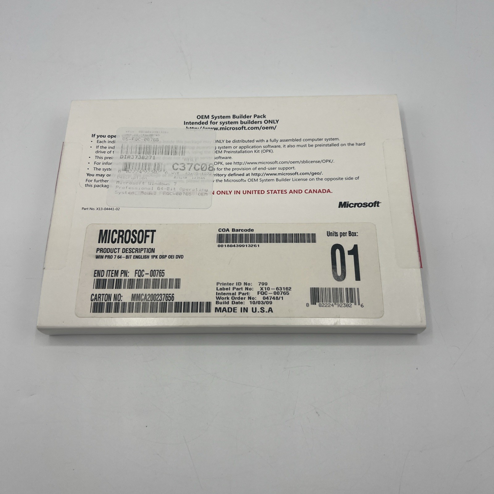 Microsoft OEM System Builders Pack Windows Professional 7 English 64-bit DVD 1PK