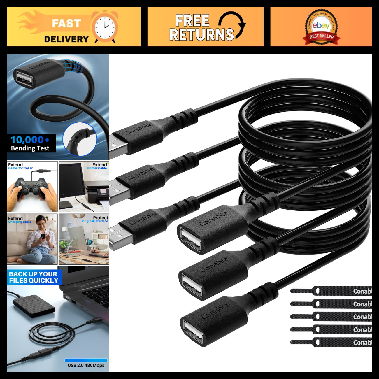 12FT USB Extension Cable 3 Pack, Type A Male to Female Adapter, Compatible with