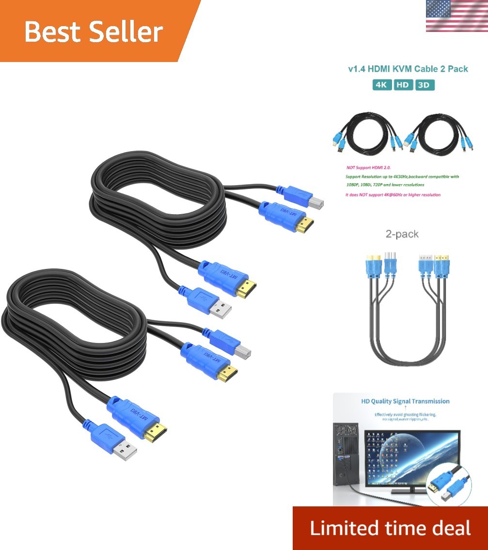 Comprehensive 2-Pack 6ft KVM HDMI USB Cables - Ideal for Monitors & PCs