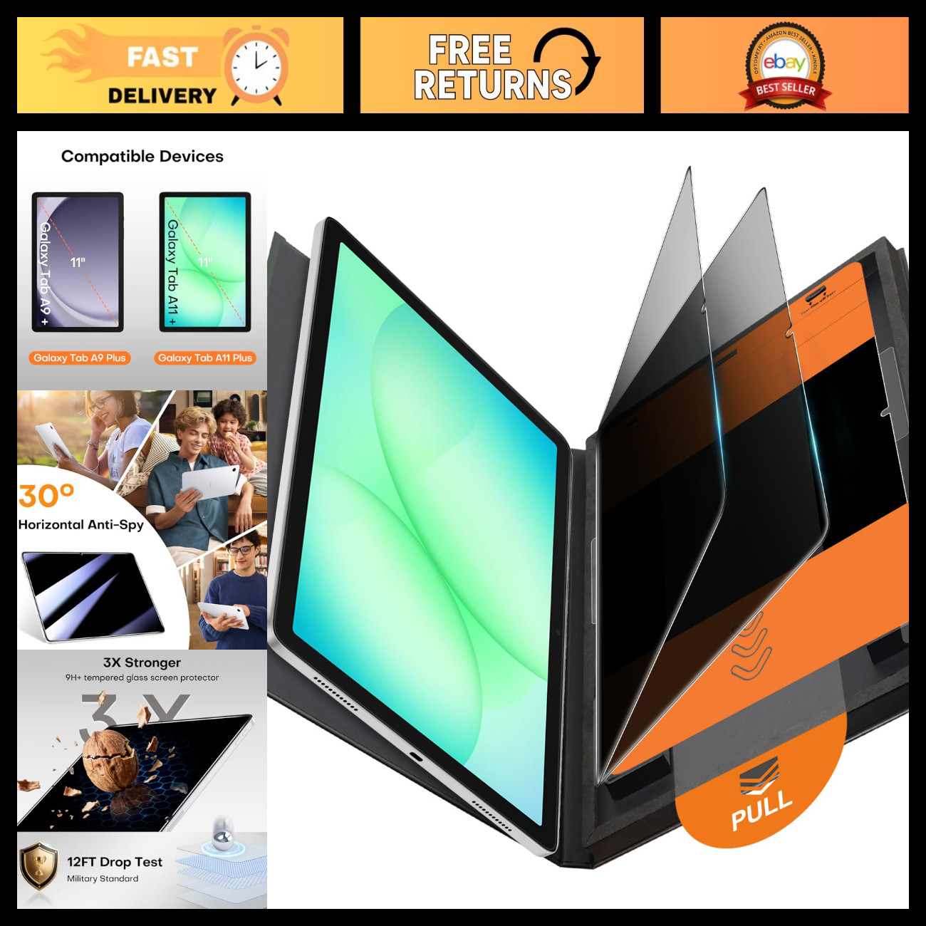 2 Pack Privacy Screen Protector for Galaxy Tab A11 Plus/A9 Plus 11" - Anti-Glare