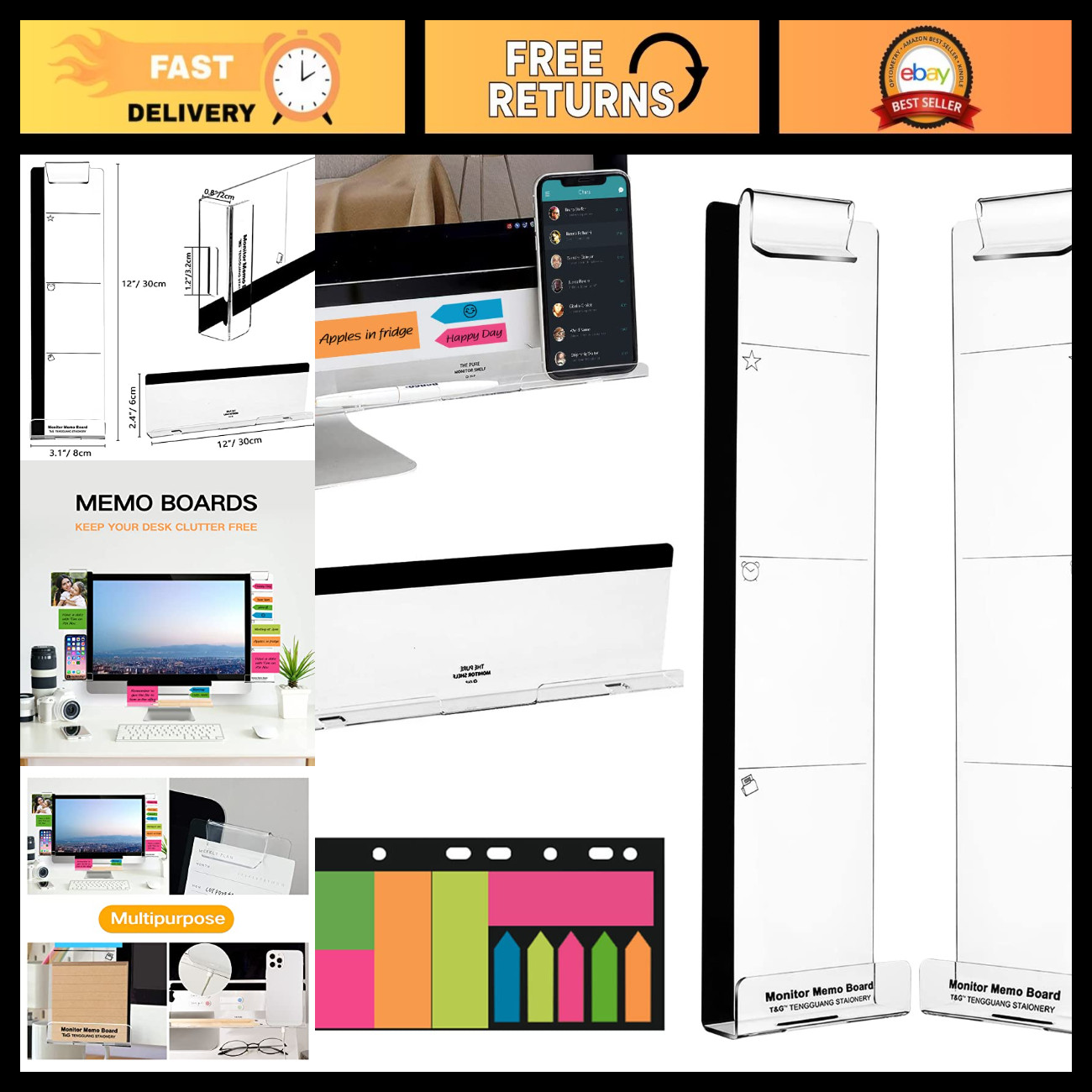 Multifunction Acrylic Monitor Memo Boards Set of 3 - Screen Message Reminder & P