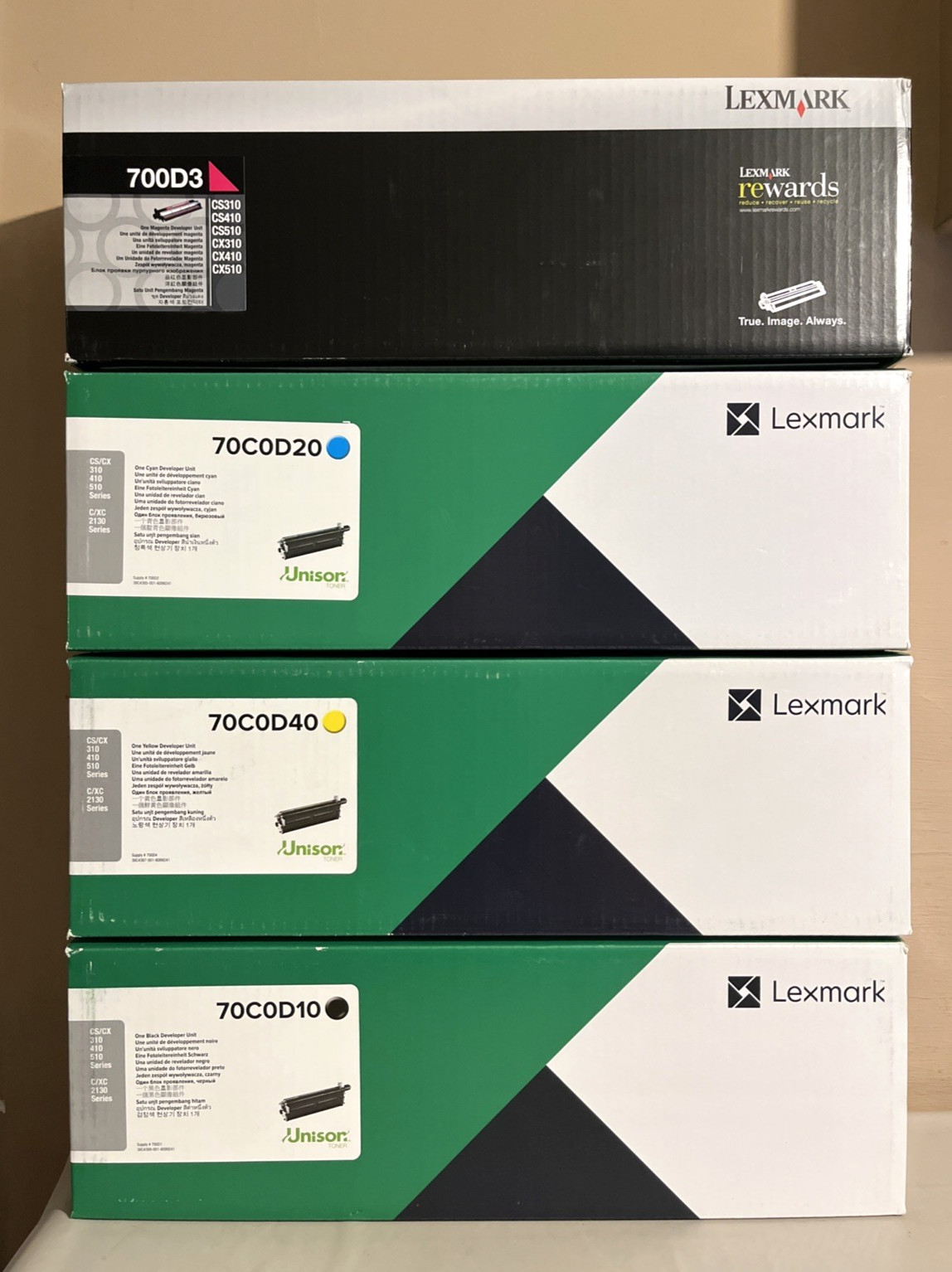 Lexmark 70C0D10 70C0D20 70C0D40 700D3 CMYK Developer Set New Sealed Boxes