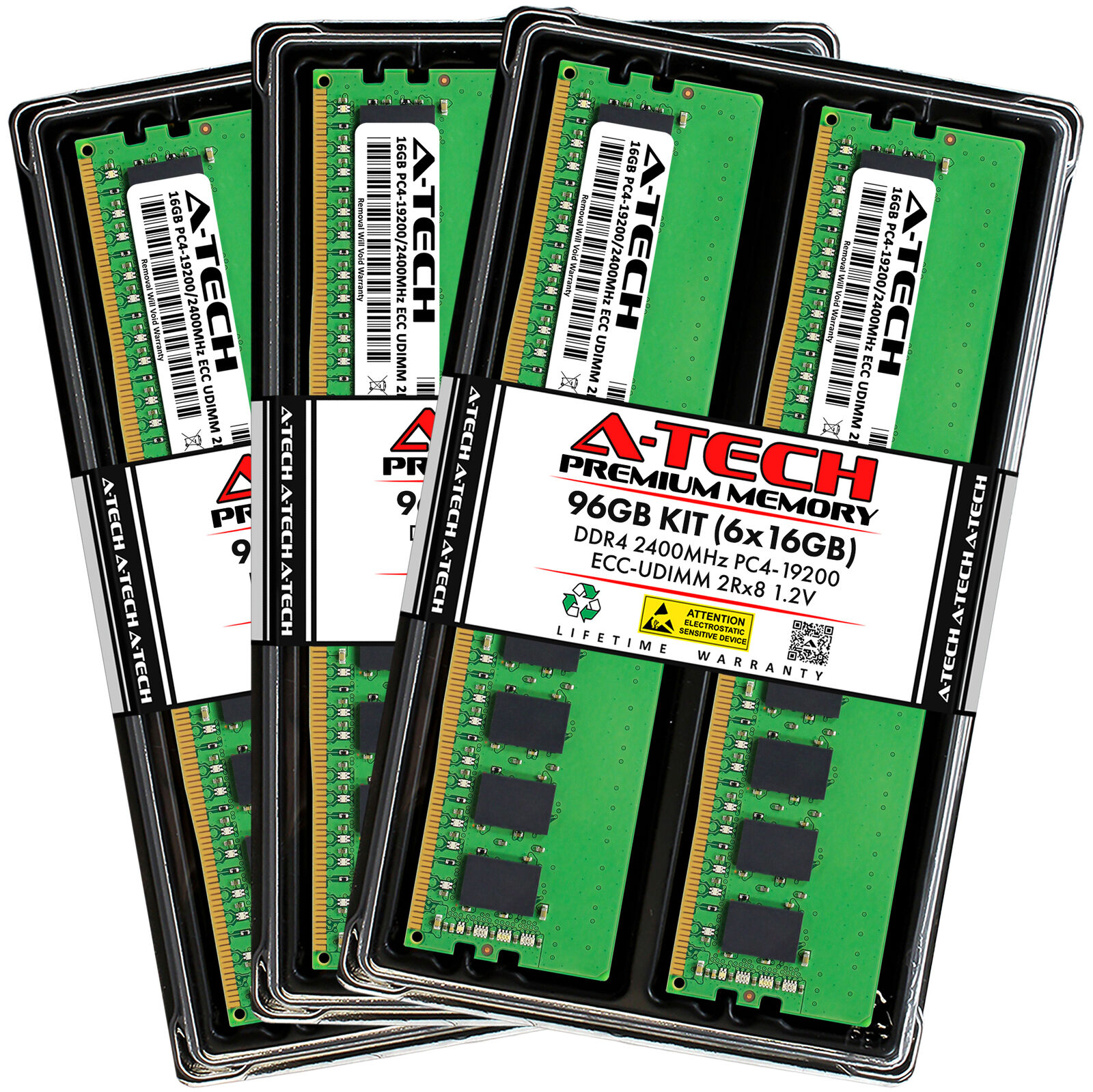 A-Tech 96GB 6x 16GB 2Rx8 PC4-19200E DDR4 2400 MHz ECC UDIMM Server Memory RAM