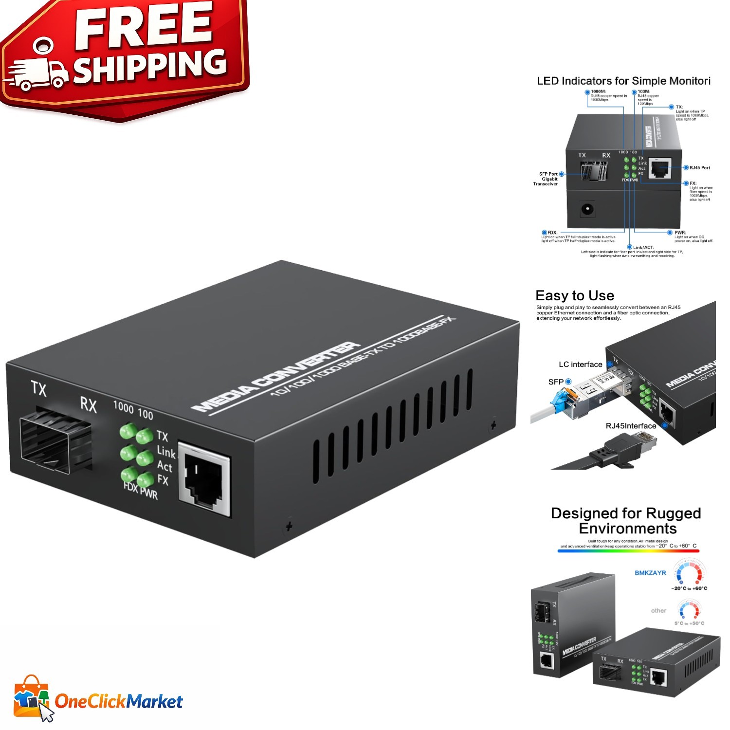 Plug and Play 1.25G Fiber to Ethernet Converter - Long Range with Metal Casing