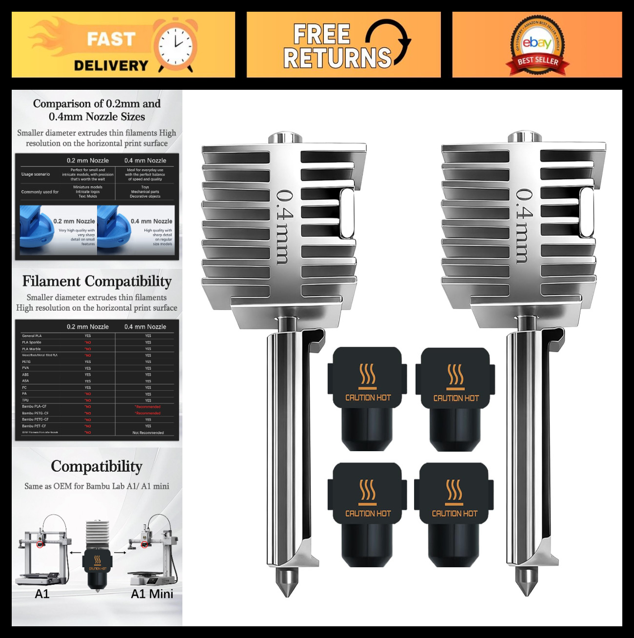 2Pcs 0.4mm Hotend Kit for 3D Printers, High-Precision Nozzle Set & Silicone Sock