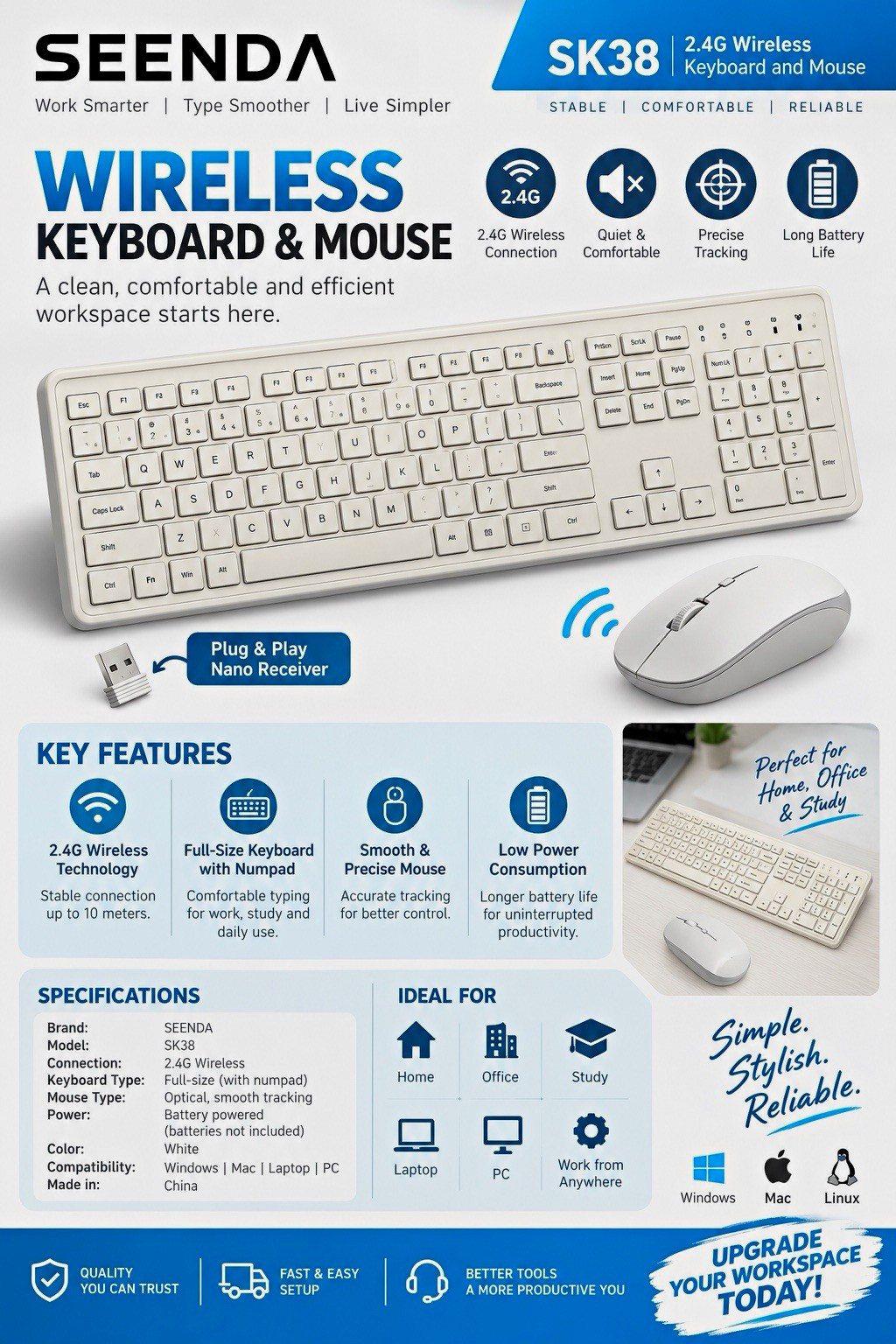 SEENDA SK38 2.4G Wireless Keyboard & Mouse Combo White Full-Size QWERTY