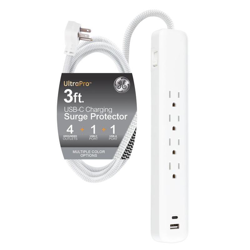 Ge Ultrapro 4 Outlet Surge Protector Usb-C Charging 3 Ft Designer Braided Cord