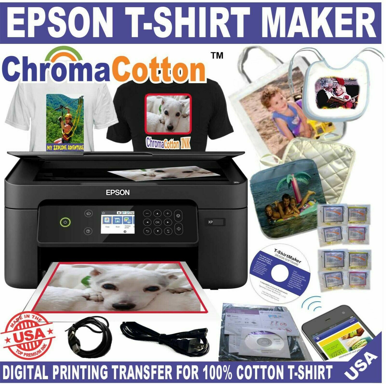 EPSON PRINTER Small One Printer COMPLETE KIT COTTON PRINT T-SHIRT MAKER Bundle.