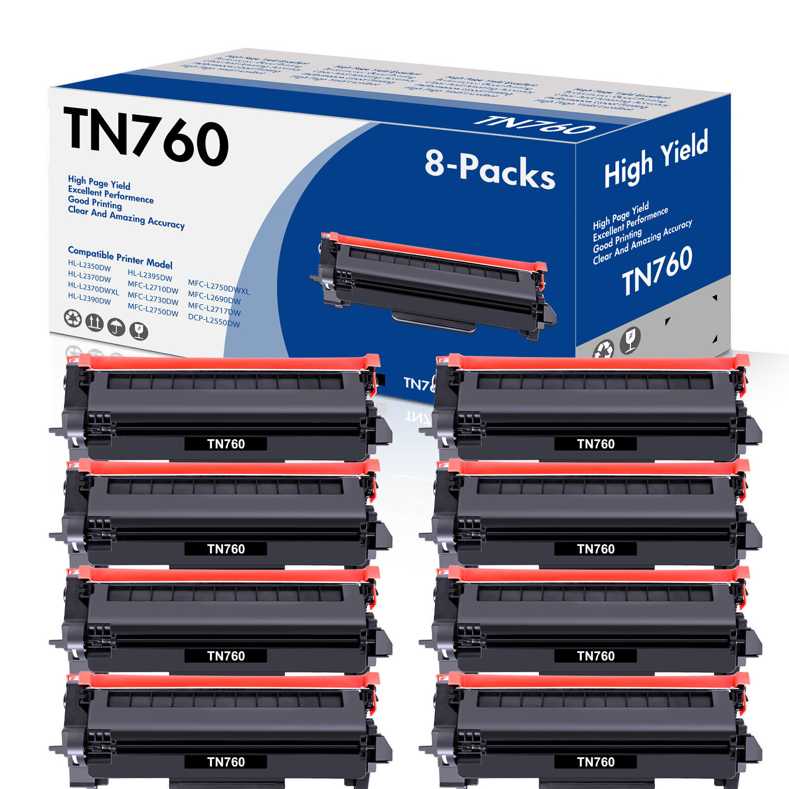 8x Toner Replacement for Brother TN760 MFC-L2750DW L2710DW DCP-L2550DW Printer