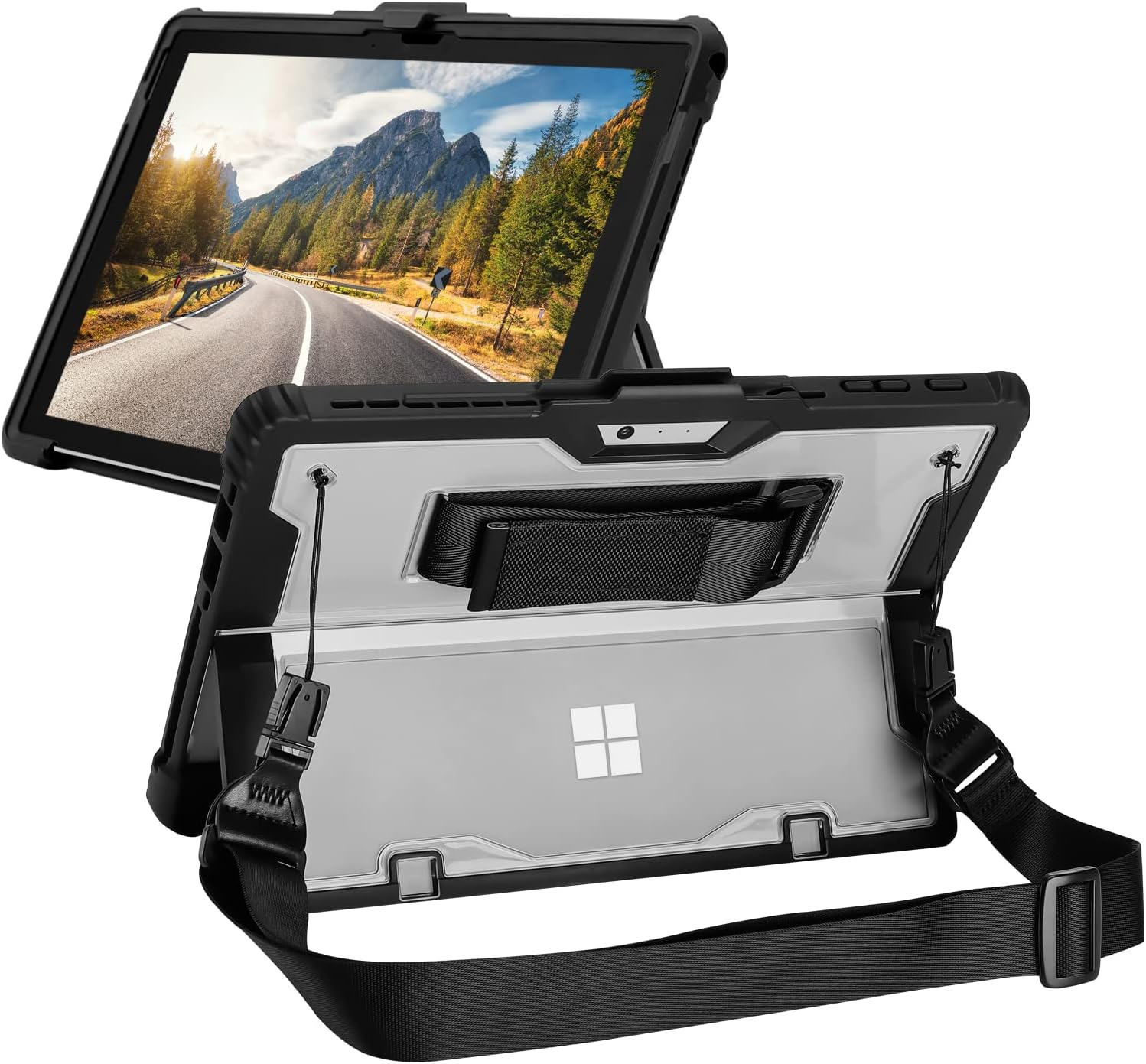 Rugged Case for Surface Pro, Shoulder & Hand Strap, Type Cover Compatible, Black