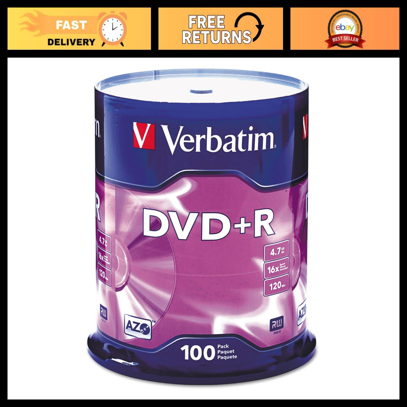 100 Pack DVD+R Blank Discs 4.7GB 16X Recordable AZO Dye Silver Spindle