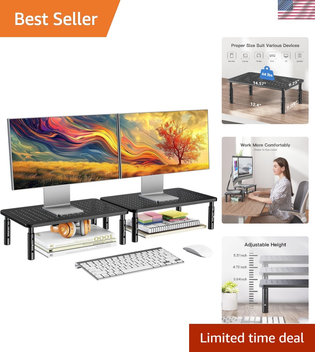Dual Monitor Riser – Adjustable Desk Stand for Laptops & Displays, Black, 2 Pack
