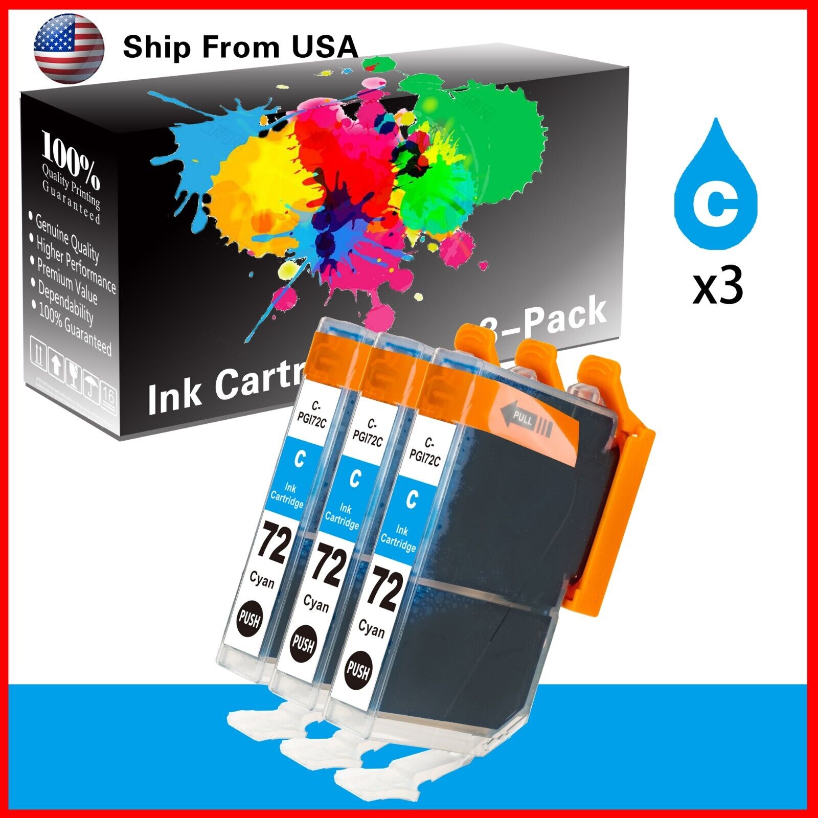 3-Pack of Cyan PGI-72 PGI72 Ink Cartridge for PIXMA Pro-10 Printer