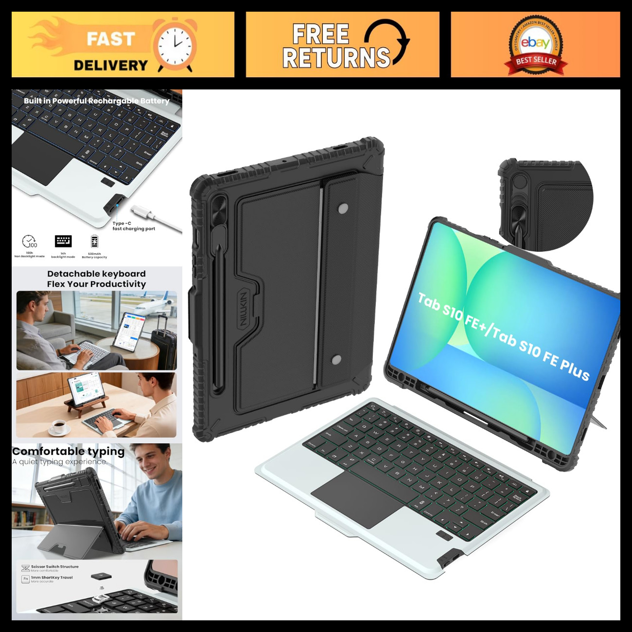 Detachable Keyboard Case for Samsung Galaxy Tab S10 FE+ - 7 Backlit, Kickstand,