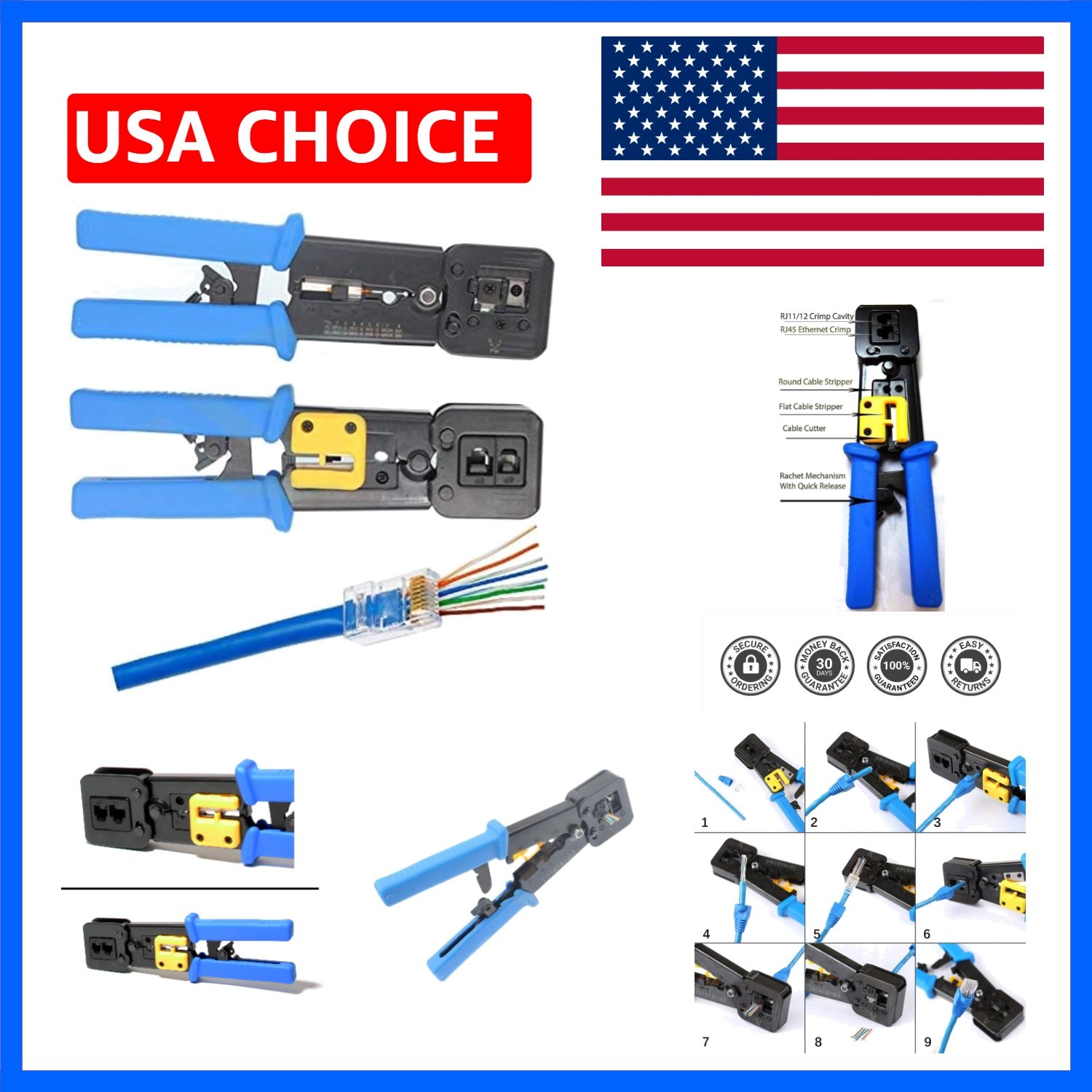 All-in-One Crimper for Pass-Through/EZ/Legacy RJ11/RJ12/RJ45 connectors Profe...