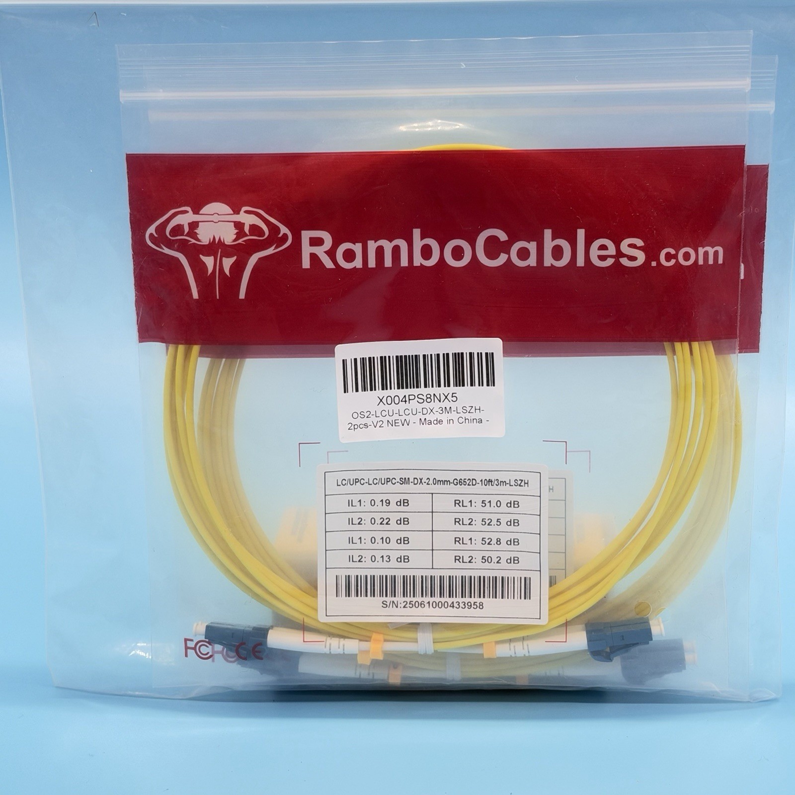 2 Pack RamboCables OS2 LC/UPC to LC/UPC Duplex Fiber Optic Cable 10ft 3m