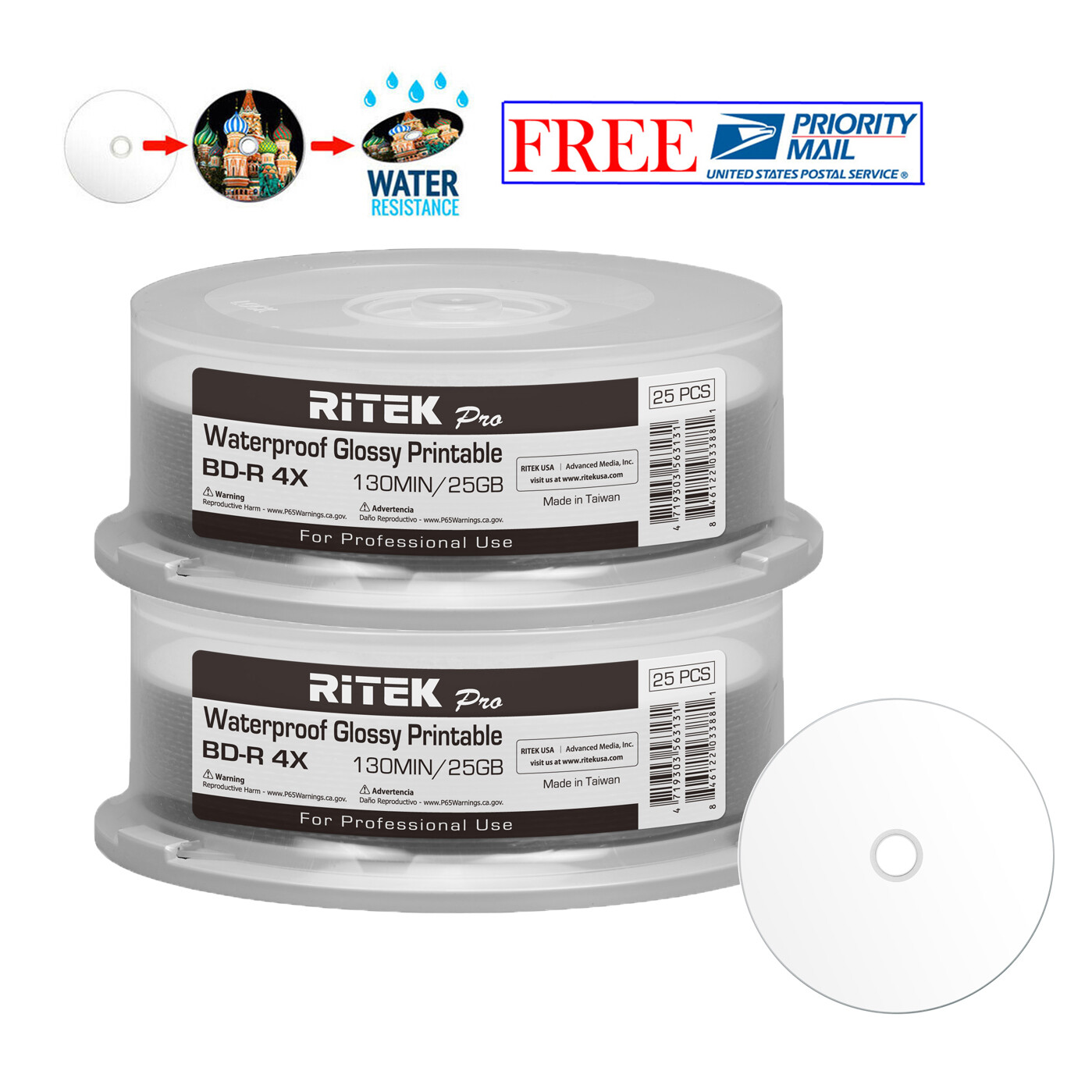 50 Ritek Pro BD-R 4X 25GB Water Resistant Glossy White Inkjet Hub Printable Disc
