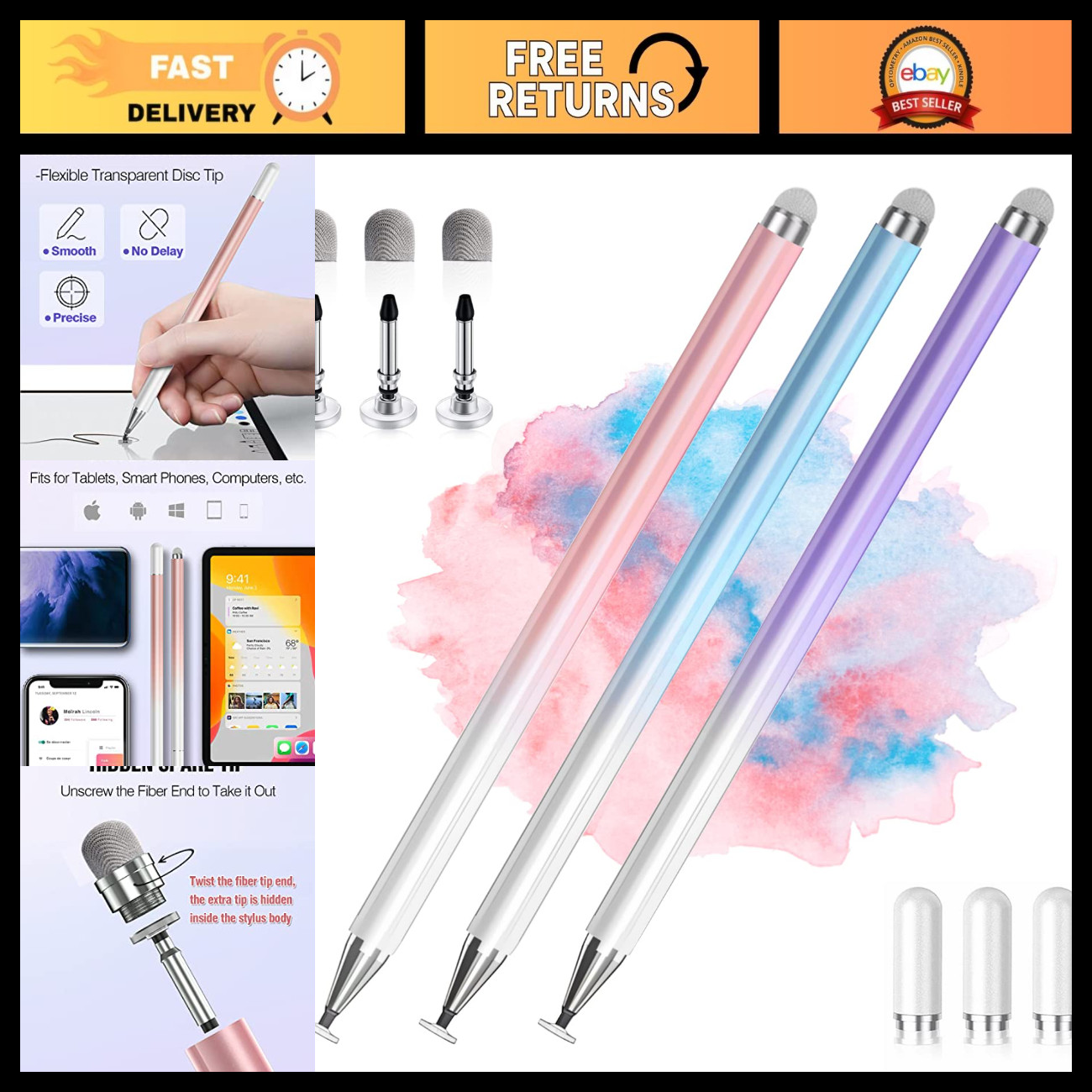 2 in 1 High Precision Stylus Pens for Touch Screens - Universal 3 Pack, Blue, Pi