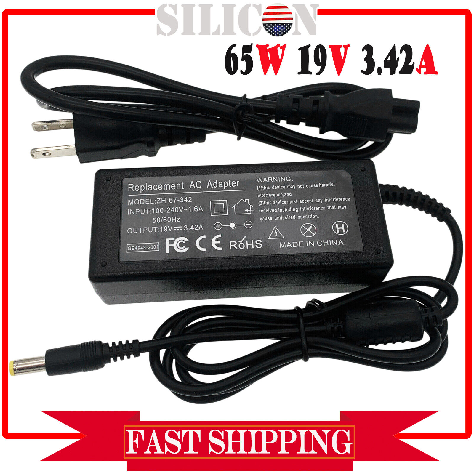 Charger For Acer Aspire 5 A515-43-R19L Laptop 65W AC Adapter Power Supply Cord
